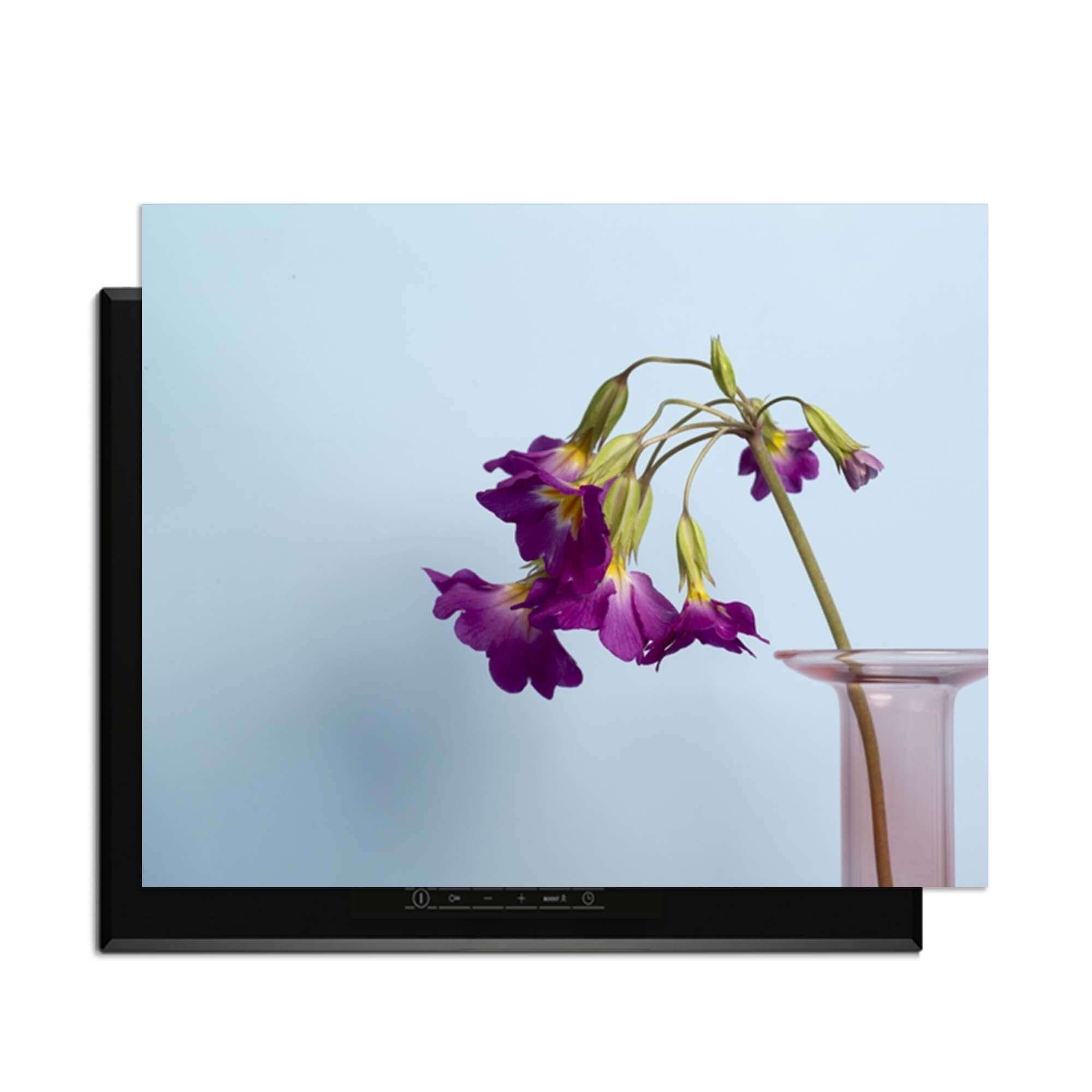 Delicate Drop - Herdabdeckplatte mit lila Blumen auf blauem Hintergrund.