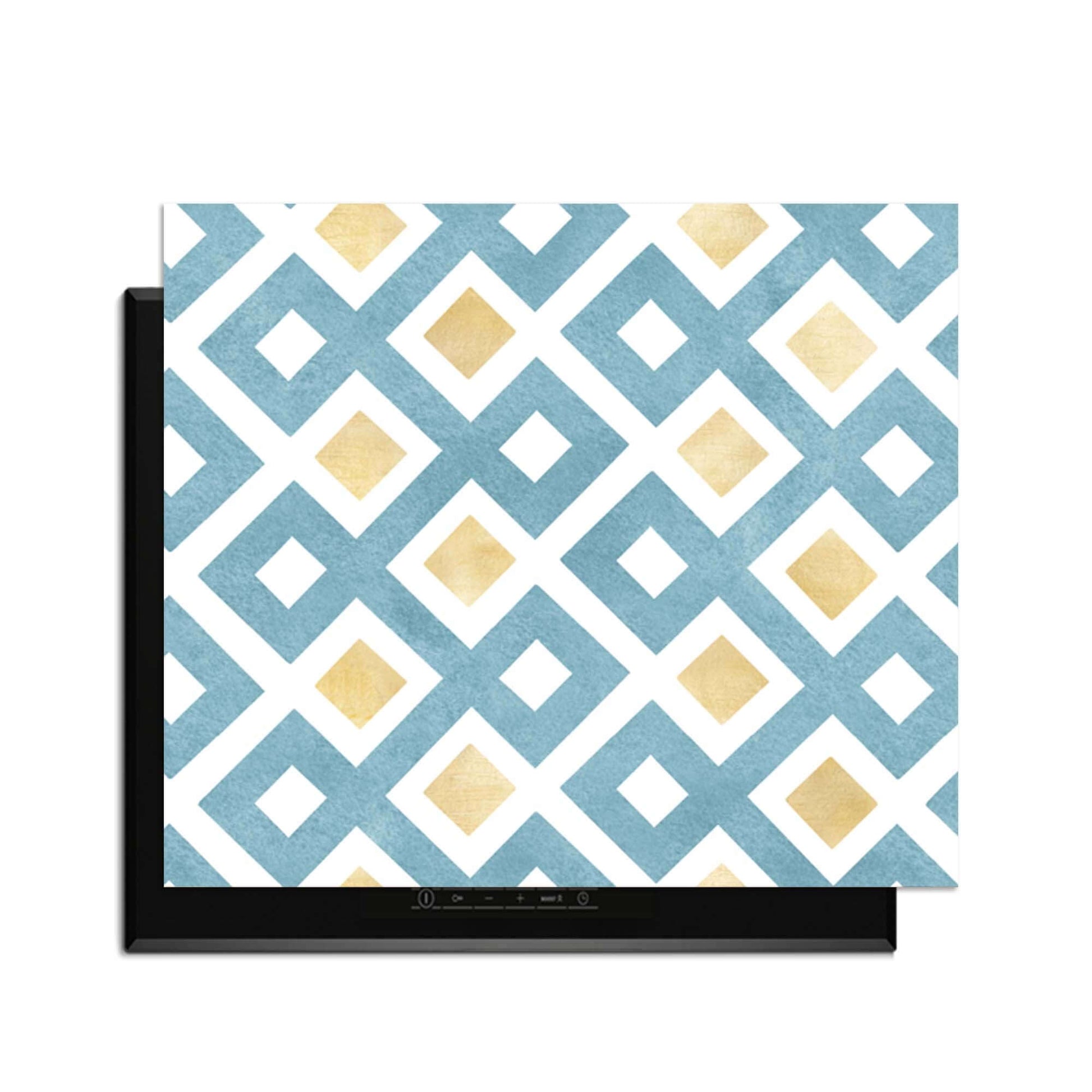 Diamond Wave Blue - Herdabdeckplatte mit blau-goldenem Rautenmuster auf weißem Hintergrund, modernes Küchen-Upgrade.