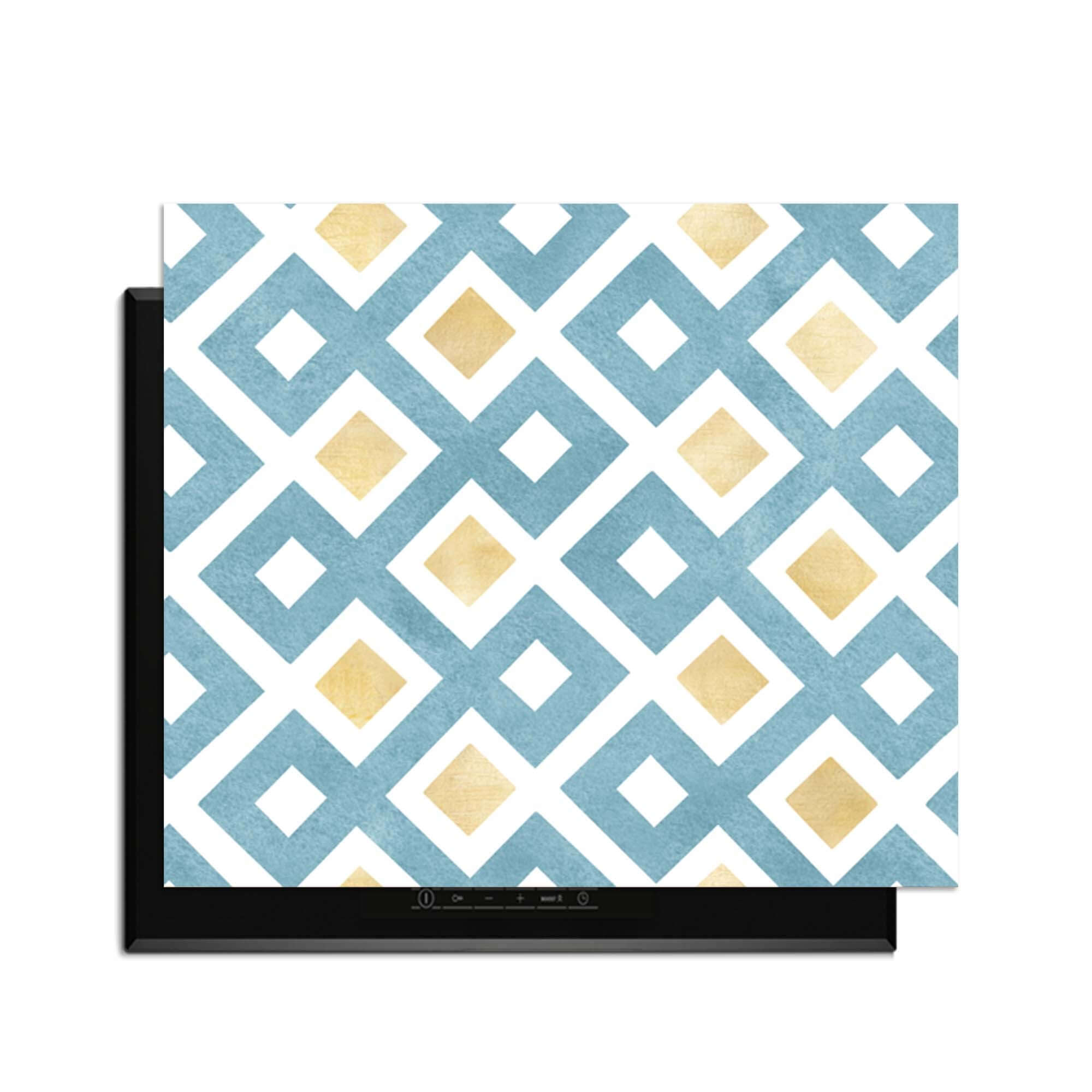 Diamond Wave Blue - Herdabdeckplatte mit blau-goldenem Rautenmuster auf weißem Hintergrund, modernes Küchen-Upgrade.
