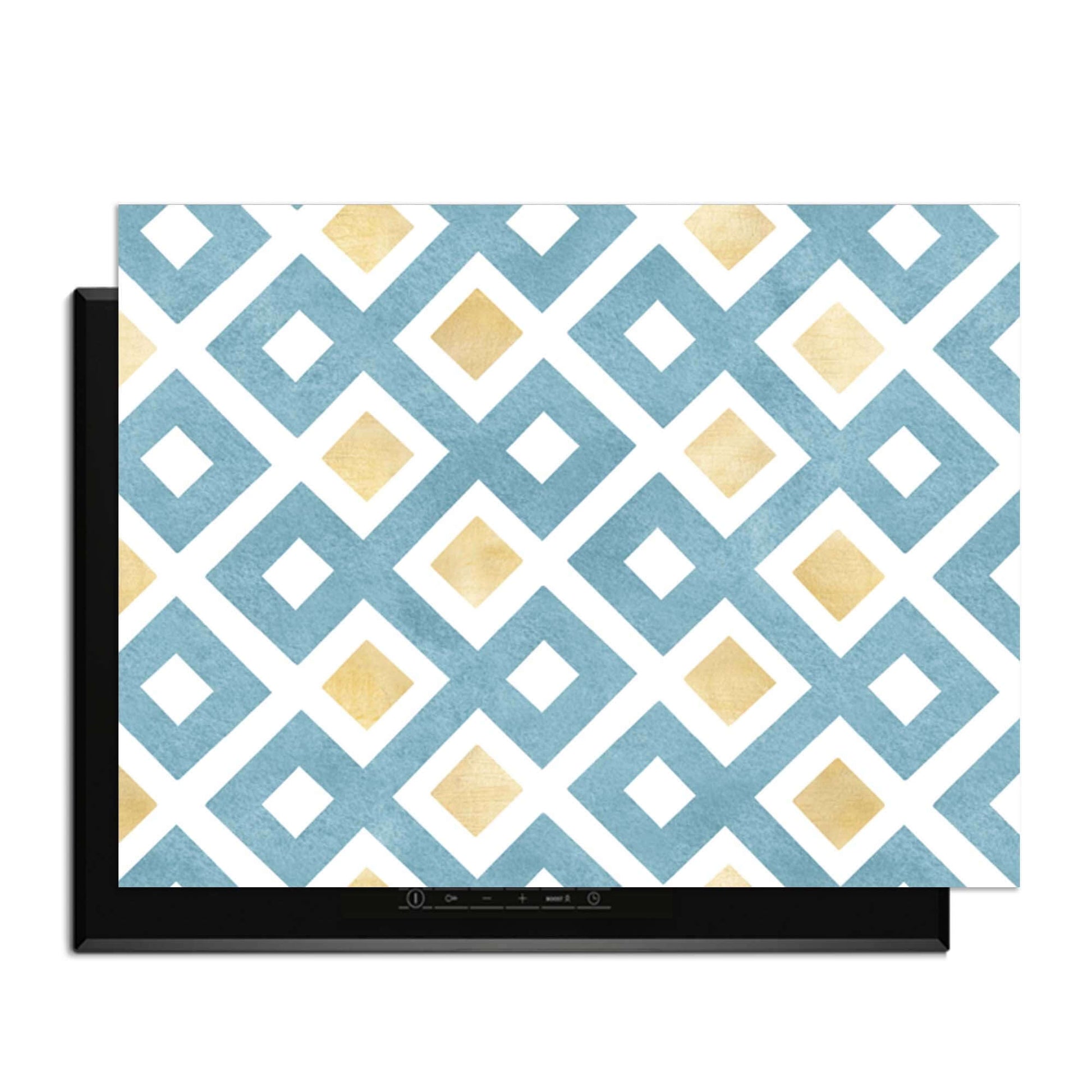 Diamond Wave Blue - Herdabdeckplatte mit blau-goldenem Rautenmuster auf einer strahlend weißen Oberfläche, modernes Küchen-Upgrade.