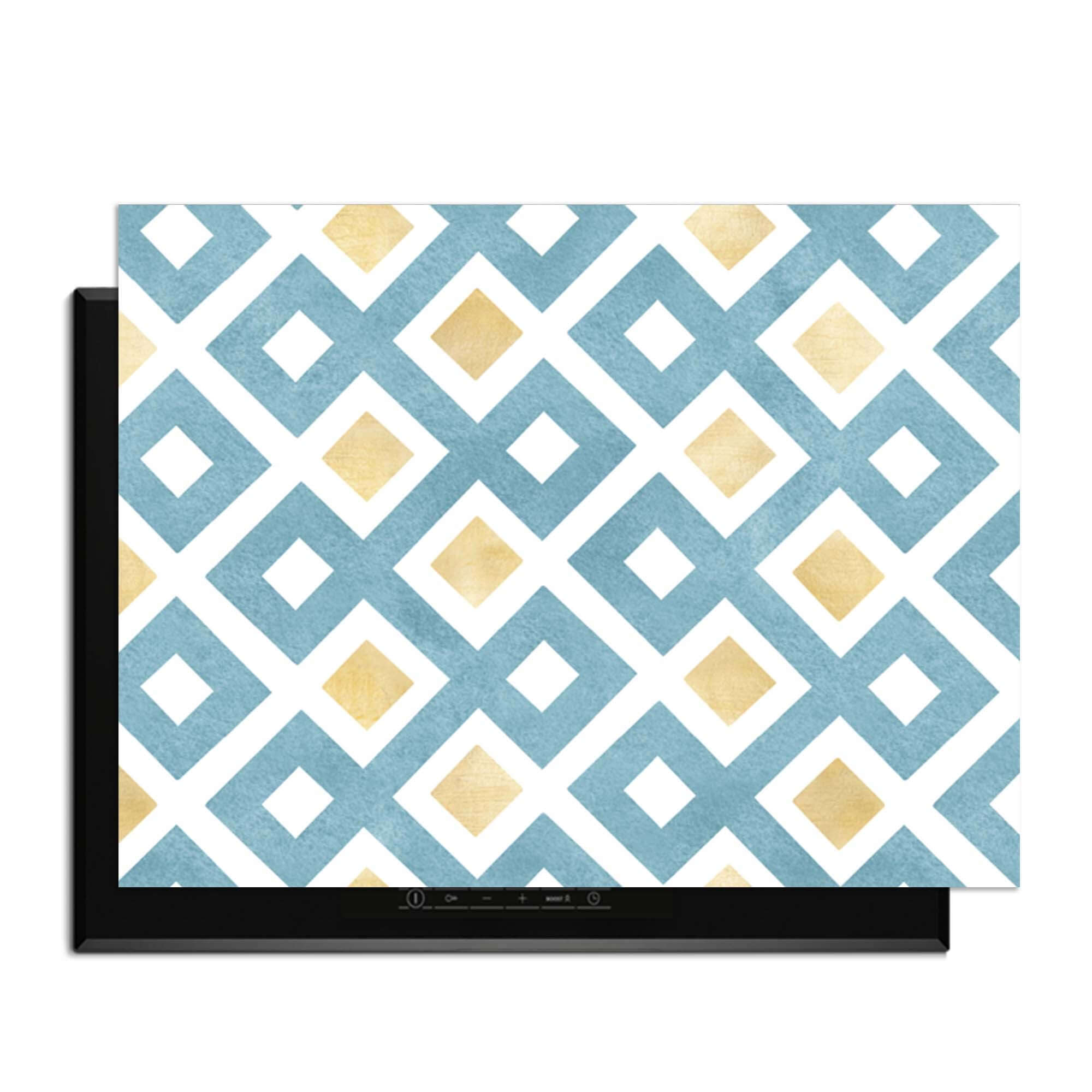 Diamond Wave Blue - Herdabdeckplatte mit blau-goldenem Rautenmuster auf einer strahlend weißen Oberfläche, modernes Küchen-Upgrade.