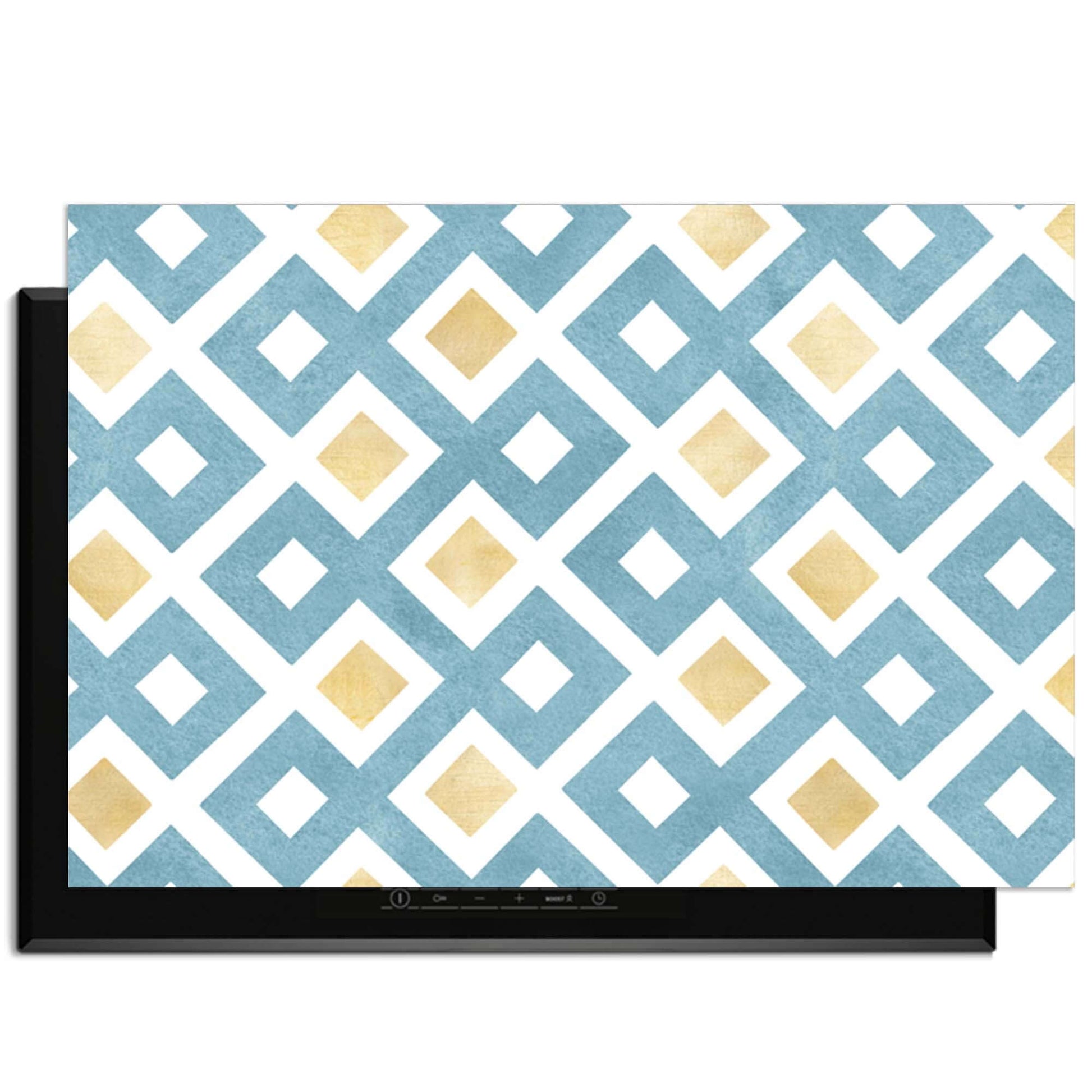 Diamond Wave Blue - Herdabdeckplatte mit weißer Oberfläche und blau-goldenem Rautenmuster für die moderne Küche
