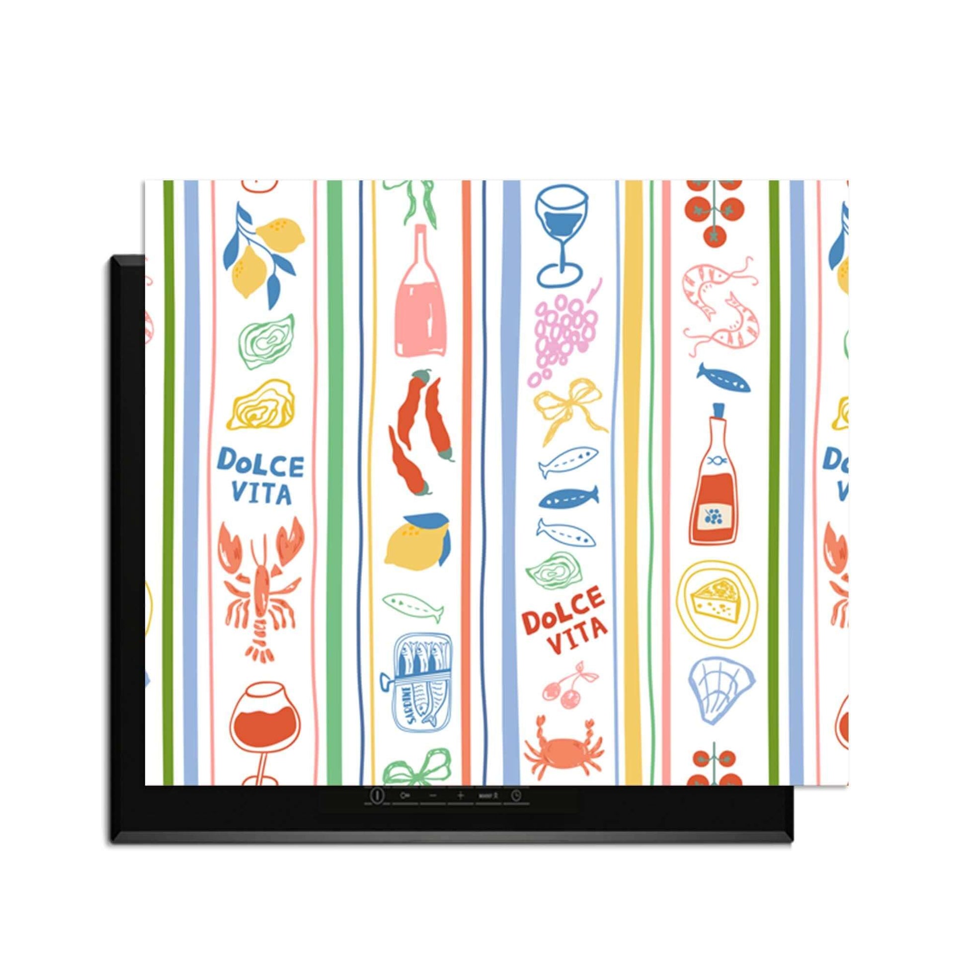 Dolce Stripes - Herdabdeckplatte mit bunten Streifen und mediterranen Symbolen für stilvollen Herdabdeckplatte in der Küche.