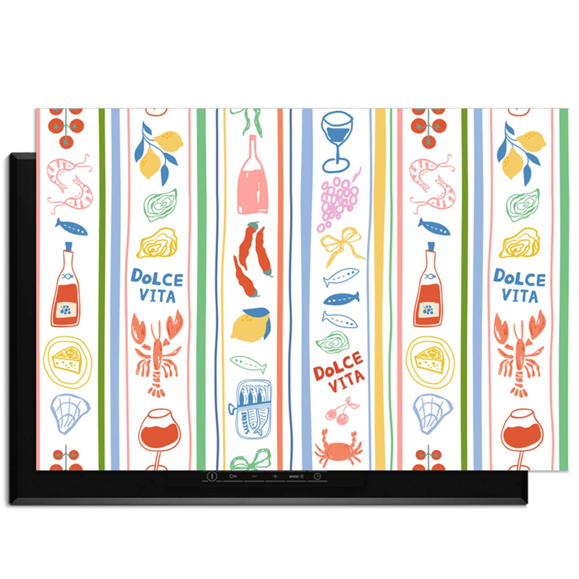 Dolce Stripes - Herdabdeckplatte mit mediterranen Symbolen und Streifen, farbenfroher Schutz für Ihr Induktionskochfeld.