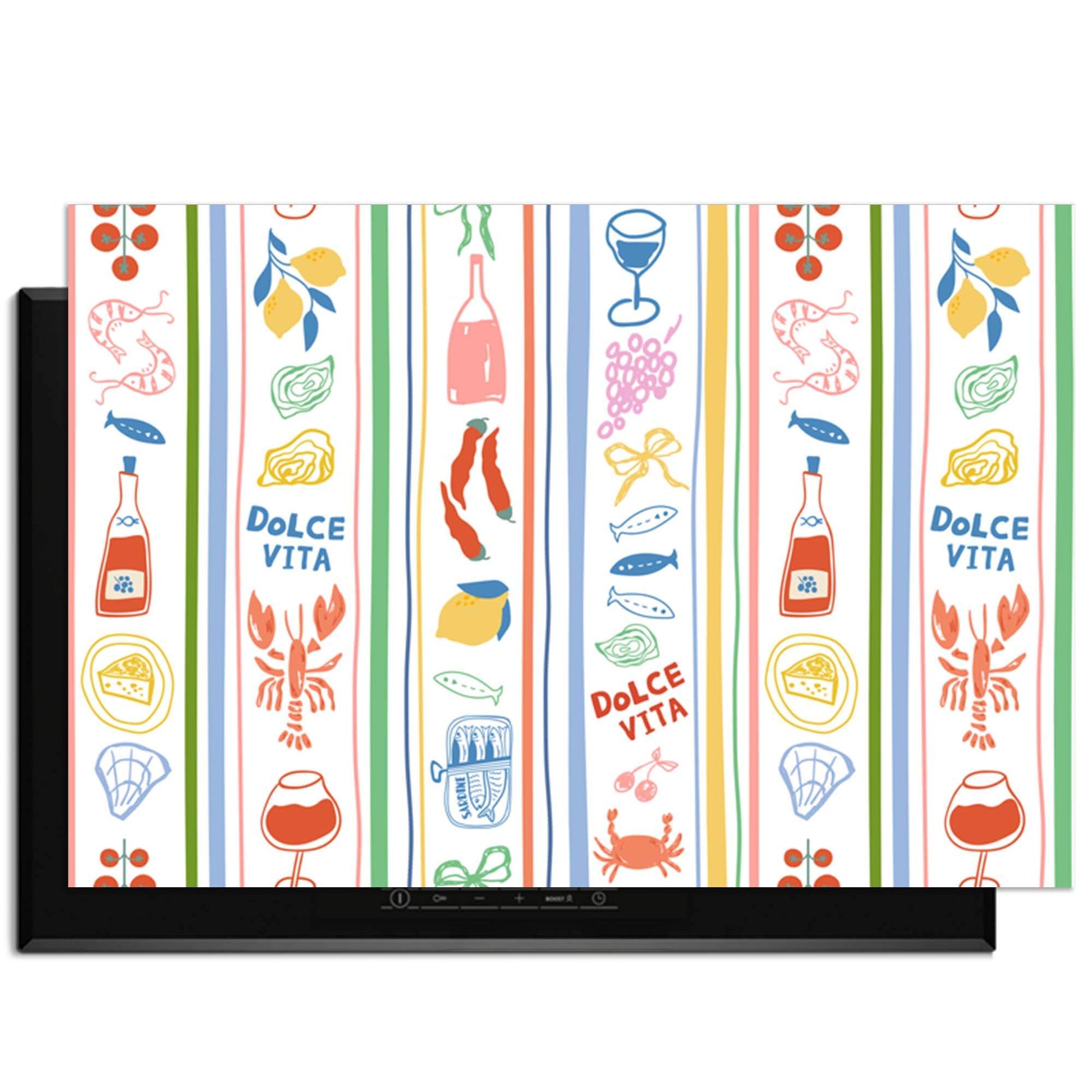 Dolce Stripes - Herdabdeckplatte mit bunten mediterranen Symbolen und Streifen für einen stilvollen Schutz der Küche.