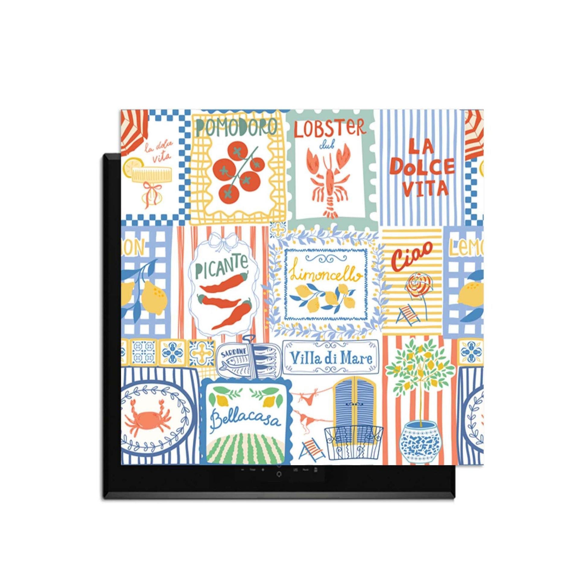 Dolce Tiles - Herdabdeckplatte mit bunten italienischen Fliesen und mediterranen Symbolen für eine stimmungsvolle Küche.