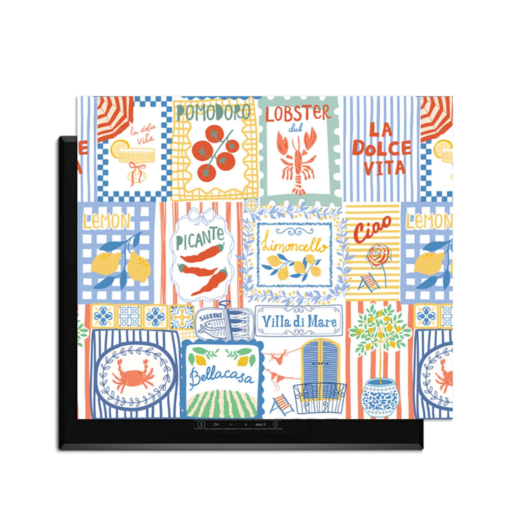 Dolce Tiles - Herdabdeckplatte mit bunten italienischen Kacheln und mediterranen Symbolen für eine fröhliche Küchenatmosphäre.