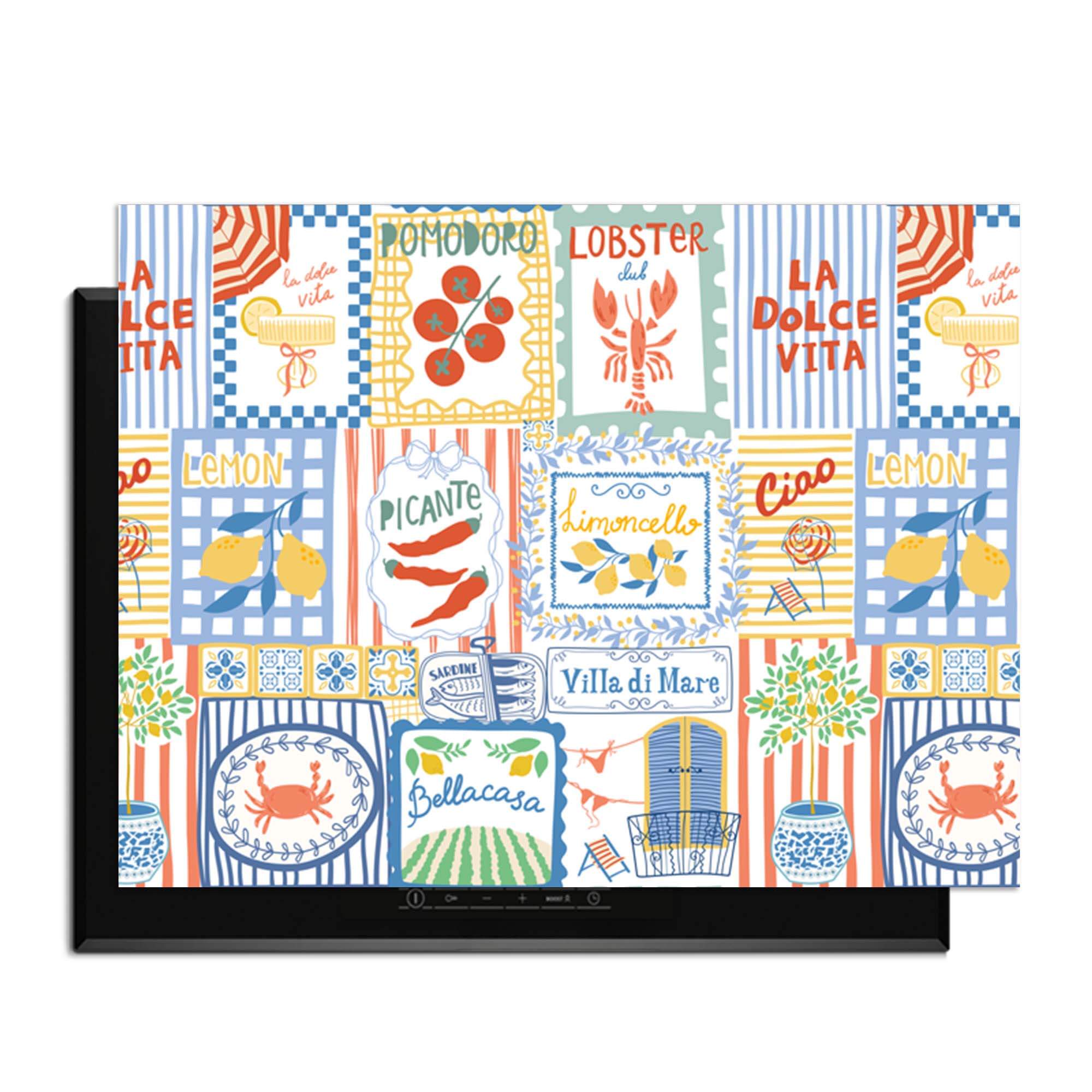 Dolce Tiles - Herdabdeckplatte mit farbenfrohen italienischen Kacheln und mediterranen Symbolen, bringt Atmosphäre und Charme in Ihre Küche.