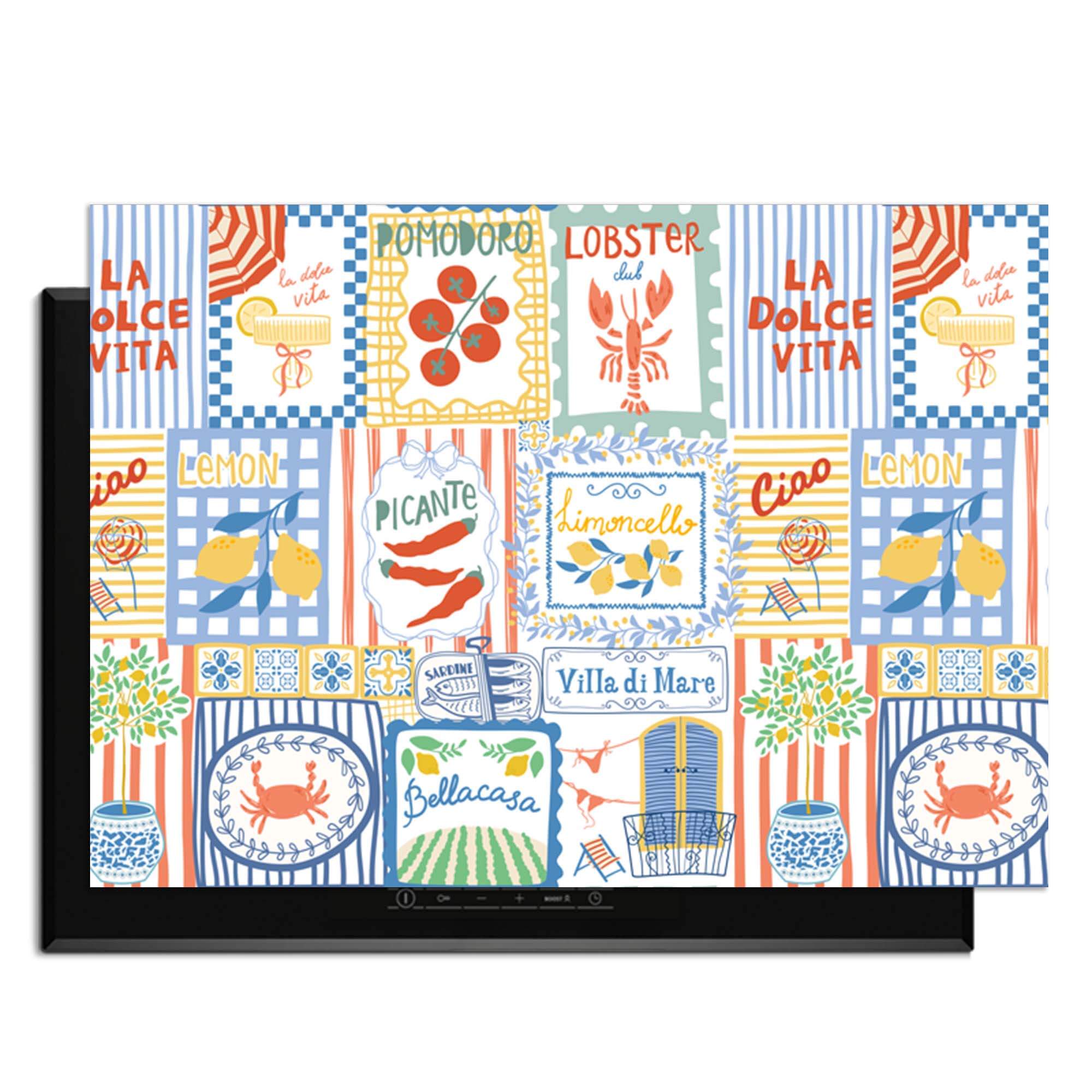 Dolce Tiles - Herdabdeckplatte mit farbenfrohen italienischen Kacheldesigns und mediterranen Symbolen für einen stilvollen Küchenschutz.