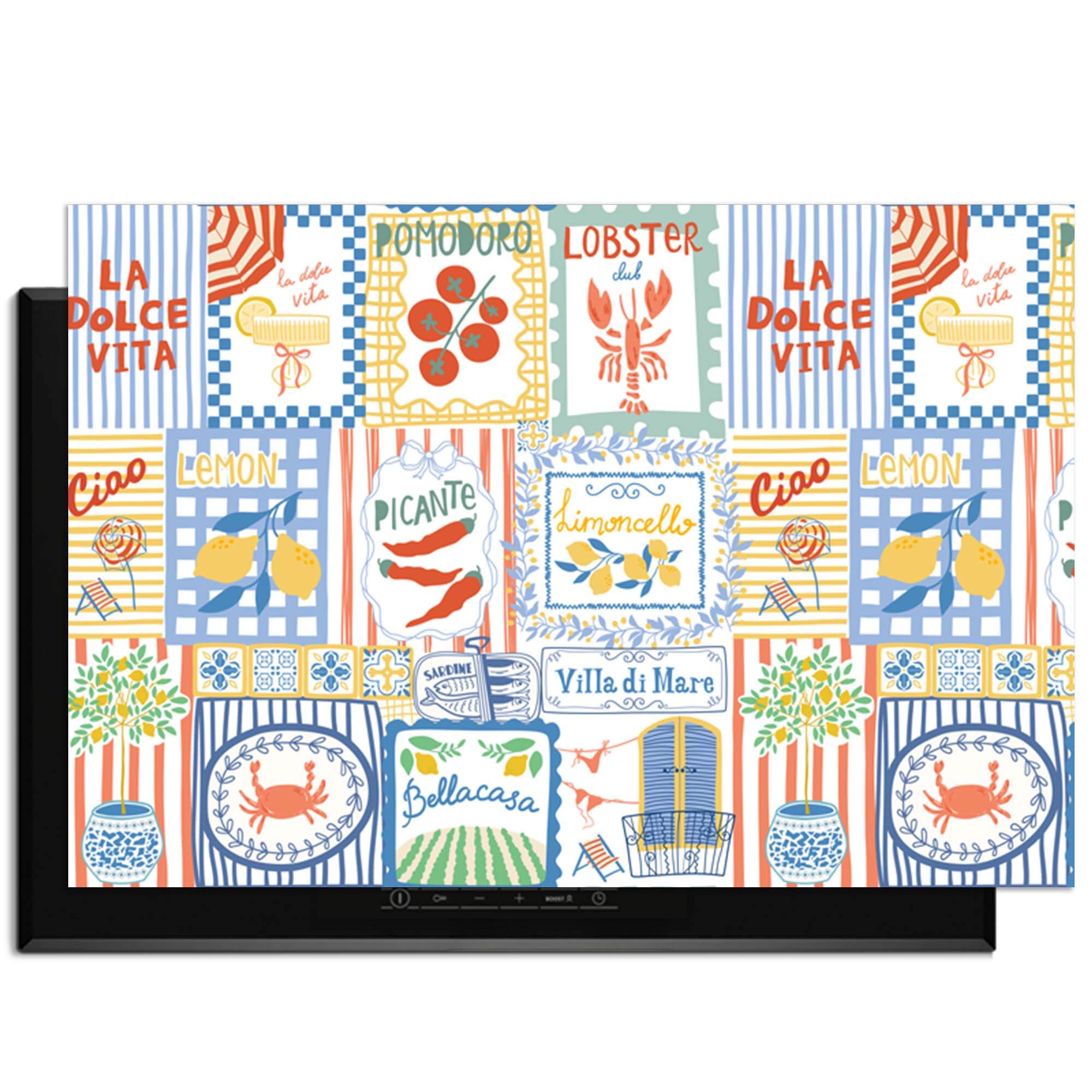 Dolce Tiles - Herdabdeckplatte mit italienischen Kachelmotiven und mediterranen Symbolen, farbenfrohe Collage für den Küchenschutz.