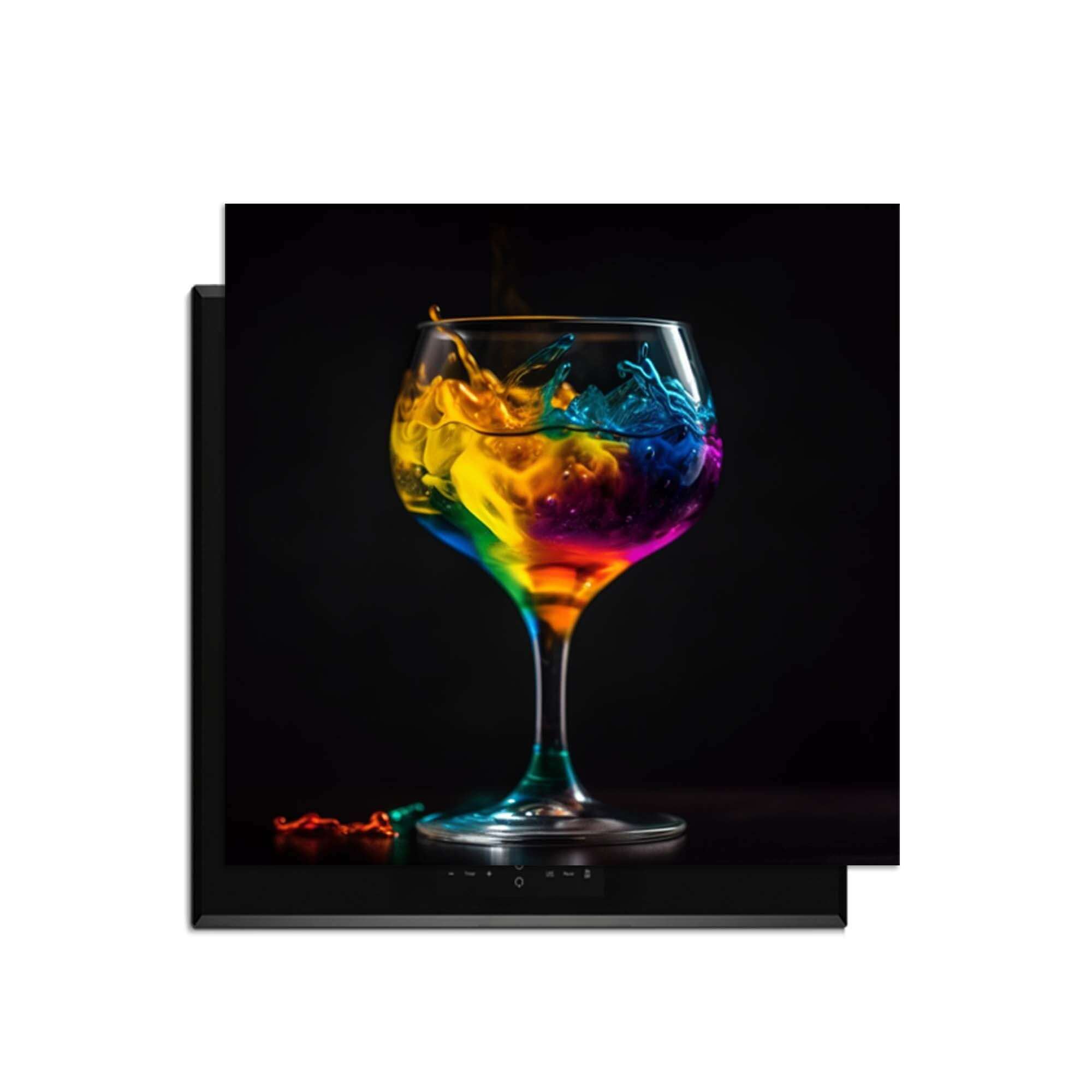 Drip & Sip - Herdabdeckplatte mit bunter Flüssigkeit in einem Glas auf schwarzem Hintergrund.