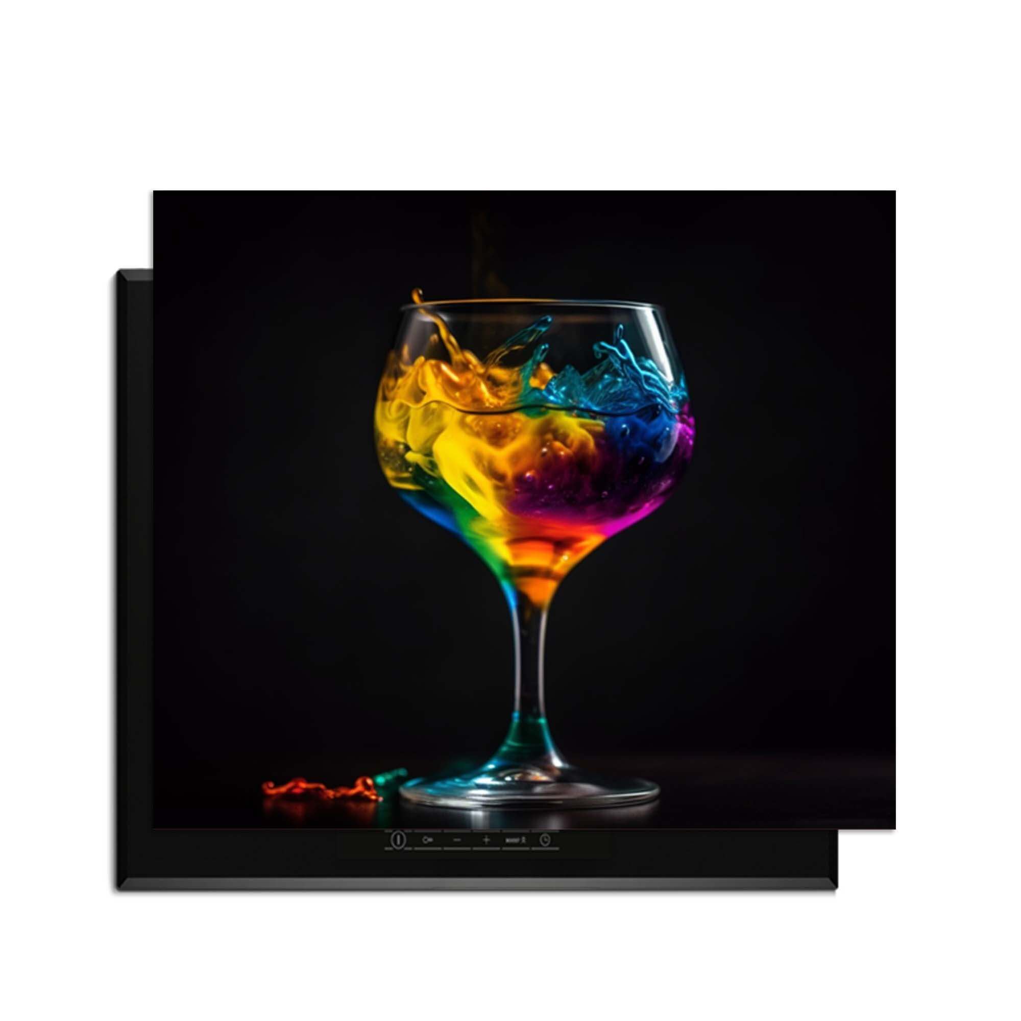 Drip & Sip - Herdabdeckplatte mit bunten Getränken in einem eleganten Glas auf dunklem Hintergrund.