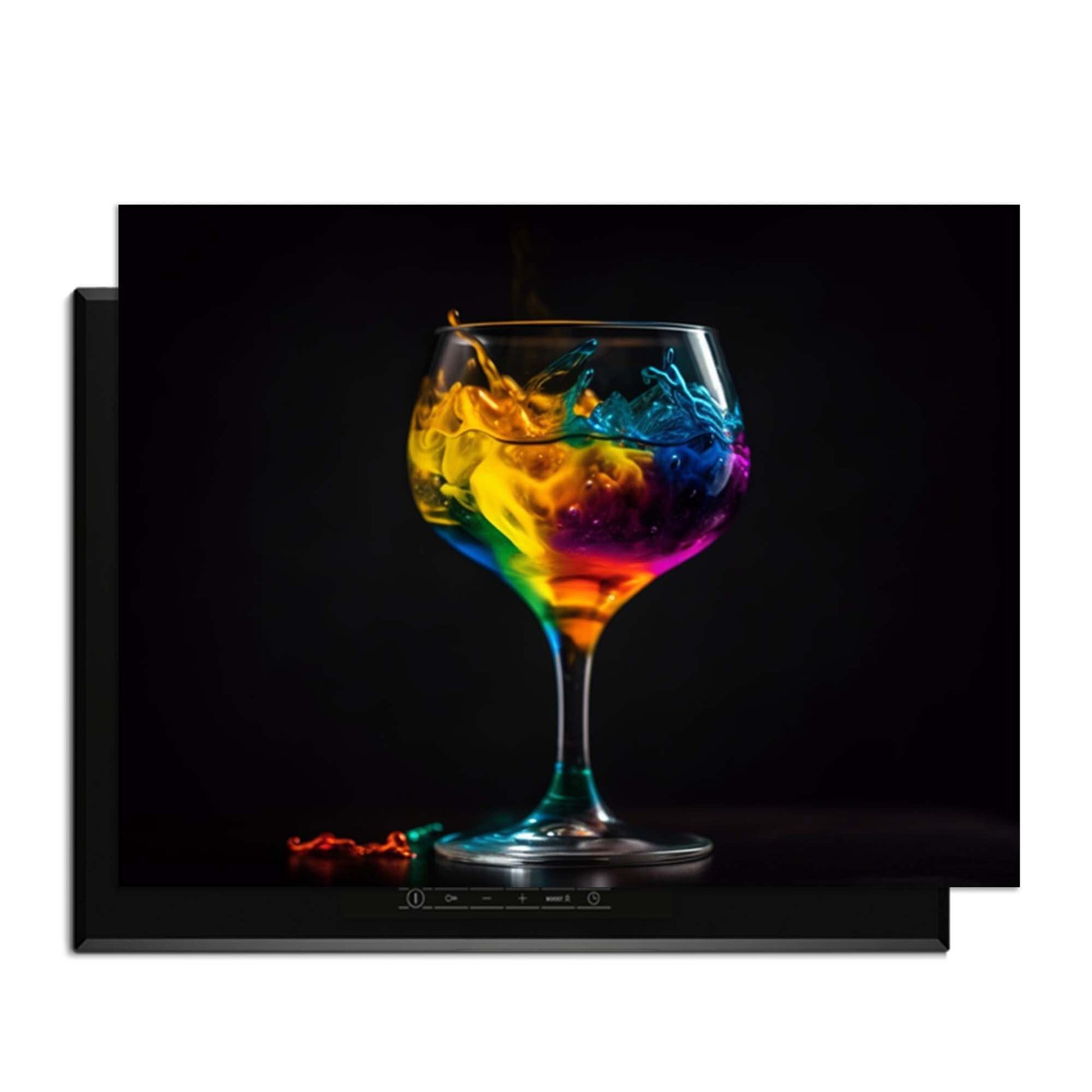 Drip & Sip - Herdabdeckplatte mit bunter Flüssigkeit in einem Glas auf schwarzem Hintergrund.