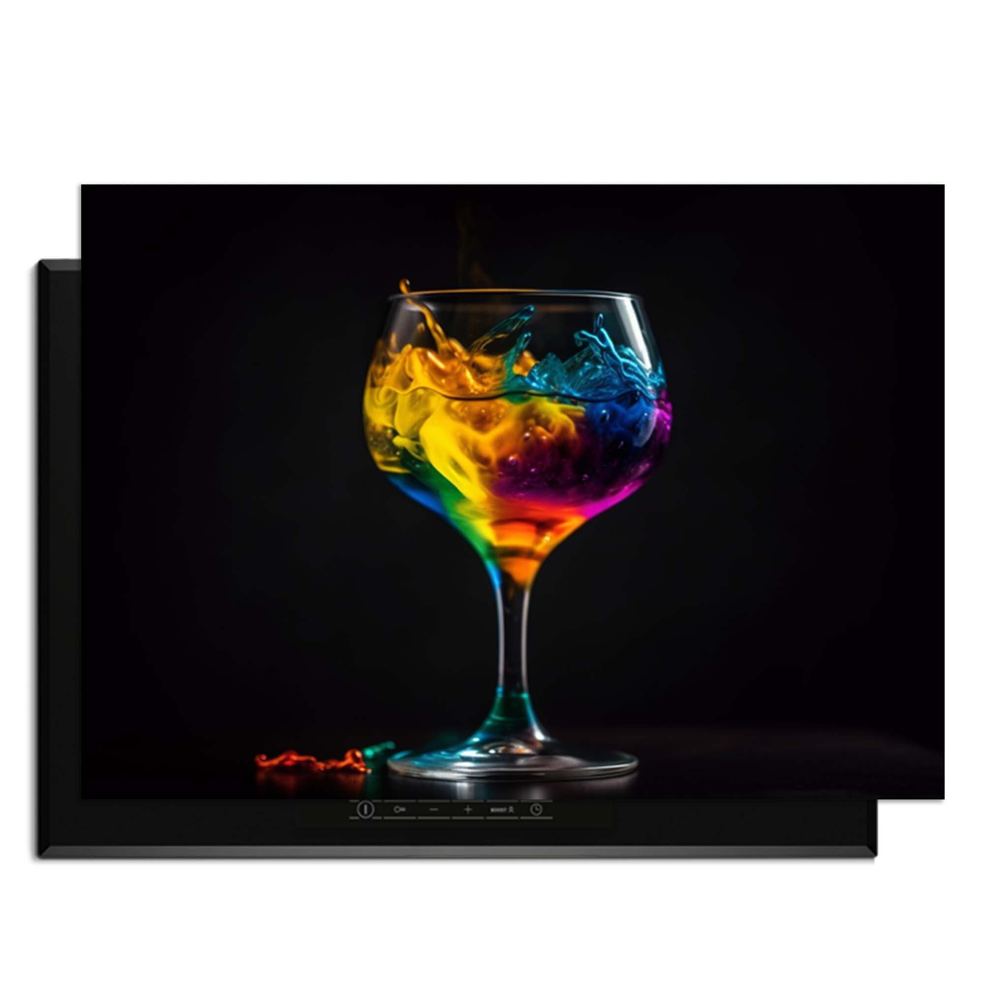 Drip & Sip - Herdabdeckplatte mit buntem Getränk in einem Glas, perfekt für Stil und Schutz von Induktionskochfeldern.