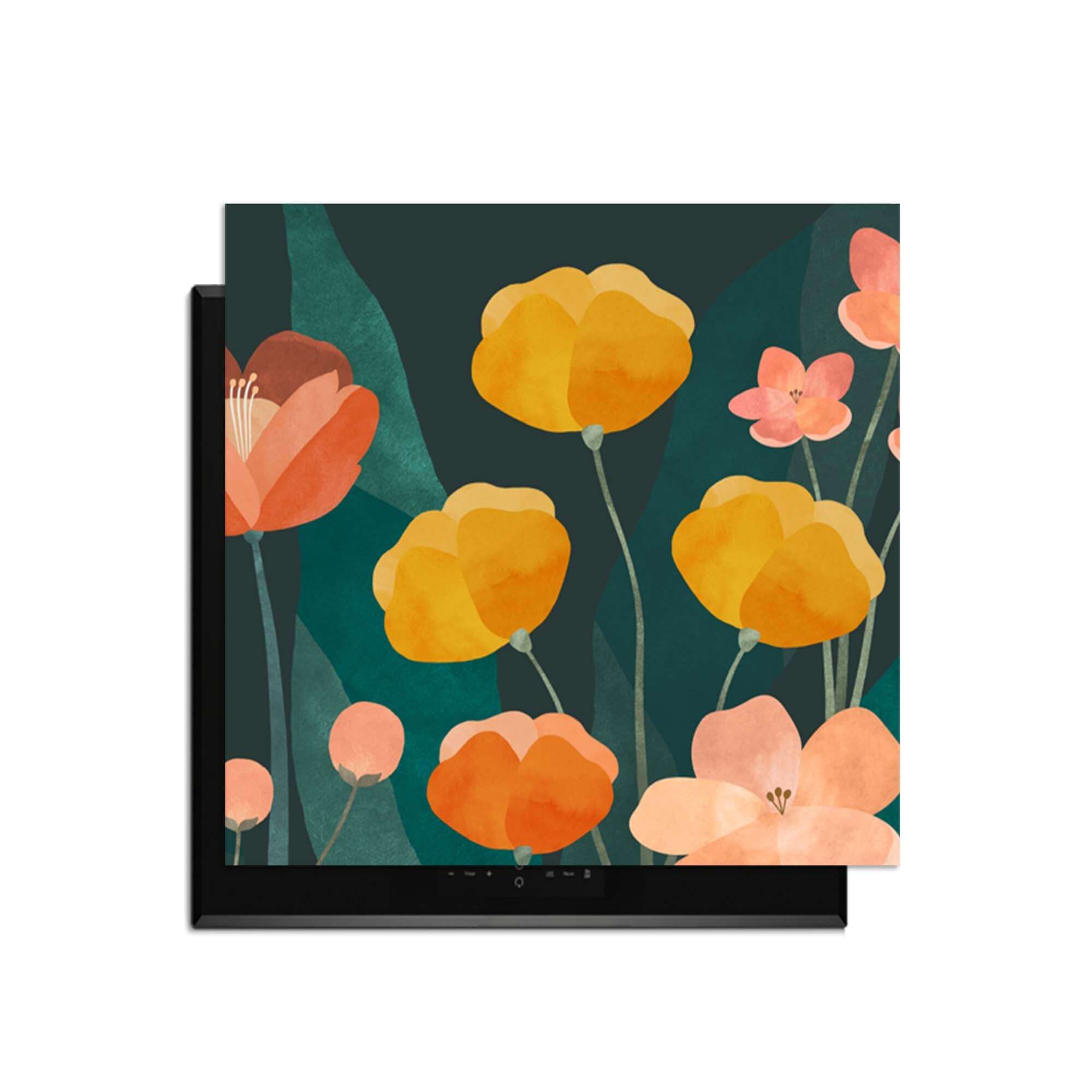 Evening Garden - Herdabdeckplatte mit warmen Blumenfarben vor dunklem Hintergrund für einen stilvollen Küchenschutz.