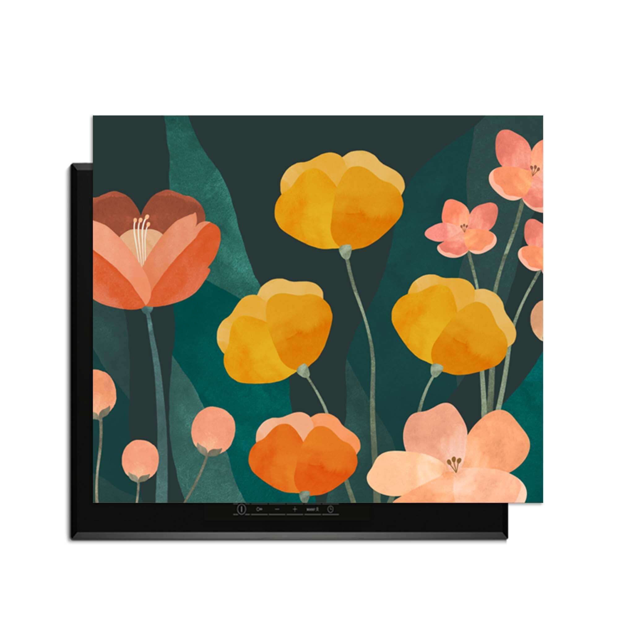 Evening Garden - Herdabdeckplatte mit warmen Blumen auf dunklem Hintergrund für stilvollen Küchenschutz.