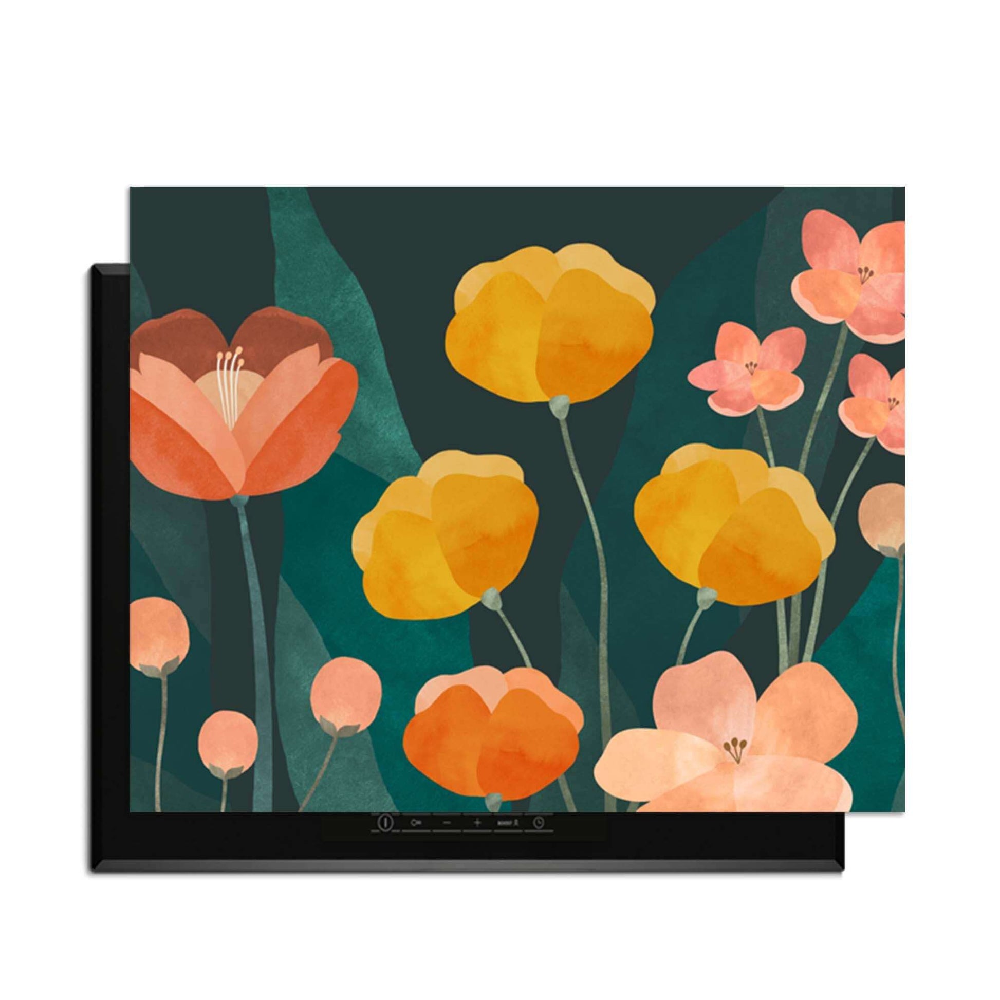 Evening Garden - Herdabdeckplatte mit warmen floralen Farben auf dunklem Hintergrund, schützt und dekoriert Ihre Küche.