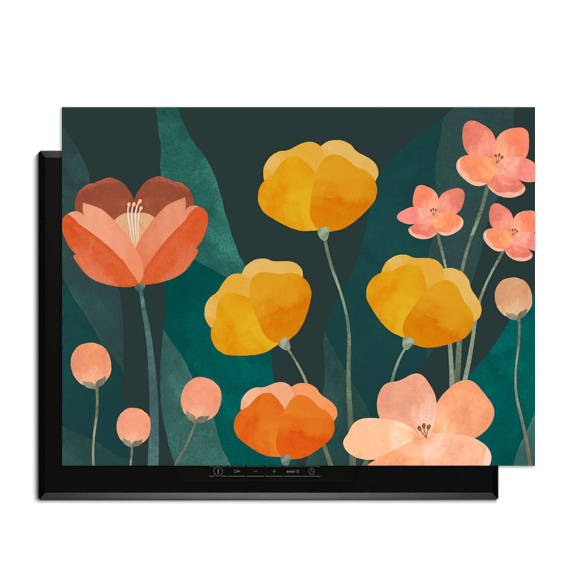 Evening Garden - Herdabdeckplatte mit warmen Blumenfarben auf dunklem Hintergrund zum stilvollen Schutz Ihres Induktionskochfelds.