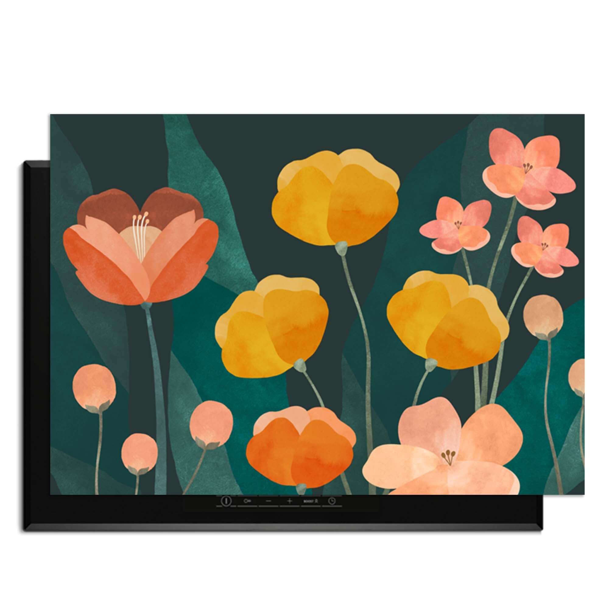Evening Garden - Herdabdeckplatte mit warmen Blumen auf dunklem Hintergrund für stilvollen Küchenschutz