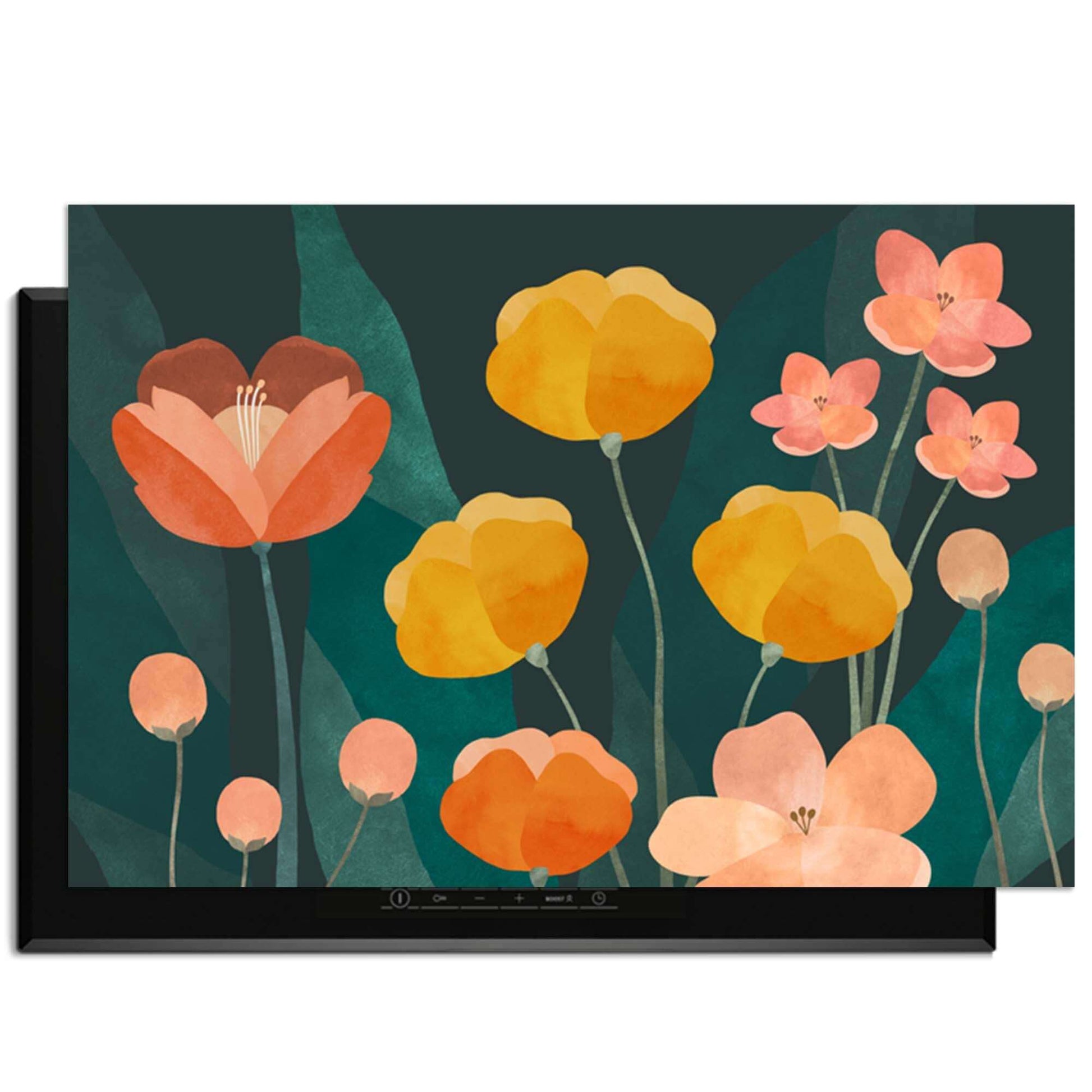 Evening Garden - Herdabdeckplatte mit warmen floralen Farben auf dunklem Hintergrund, Schutz für Ihr Induktionskochfeld.