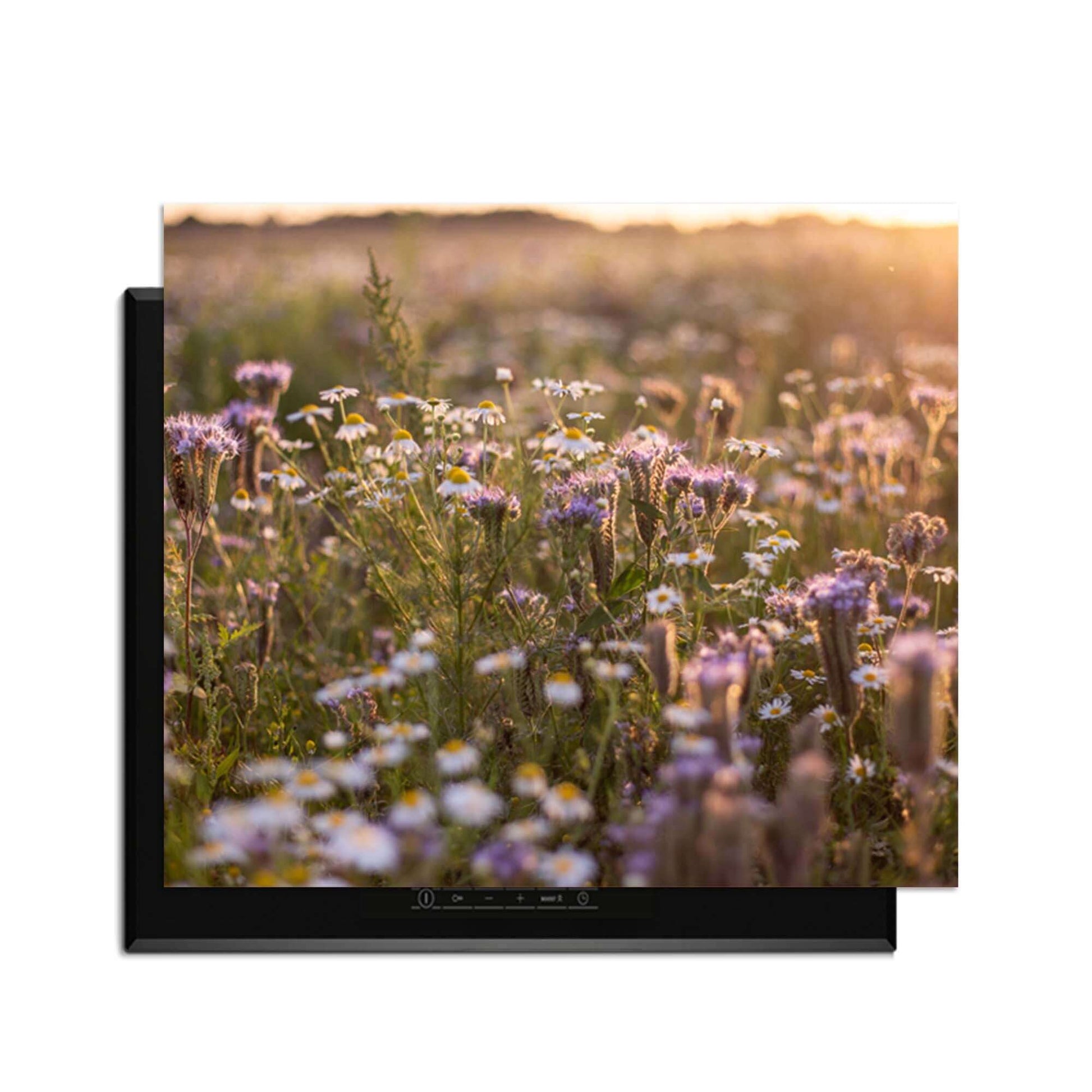 Evening Meadow - Herdabdeckplatte mit einem eleganten Blumendesign in einer Sonnenuntergangslandschaft.