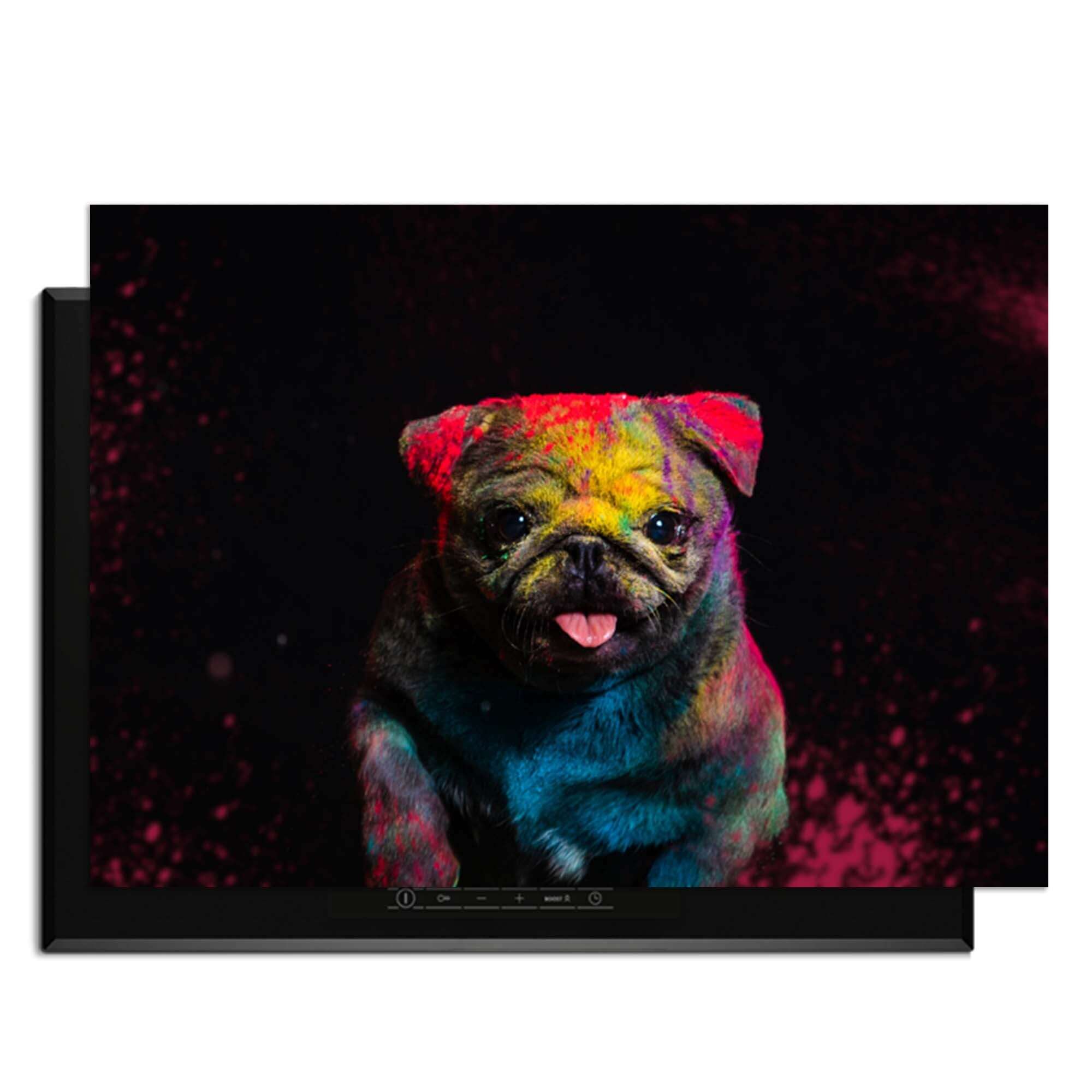 Funky Pup - Herdabdeckplatte mit buntem Hund auf schwarzem Hintergrund, dekorativ und praktisch.