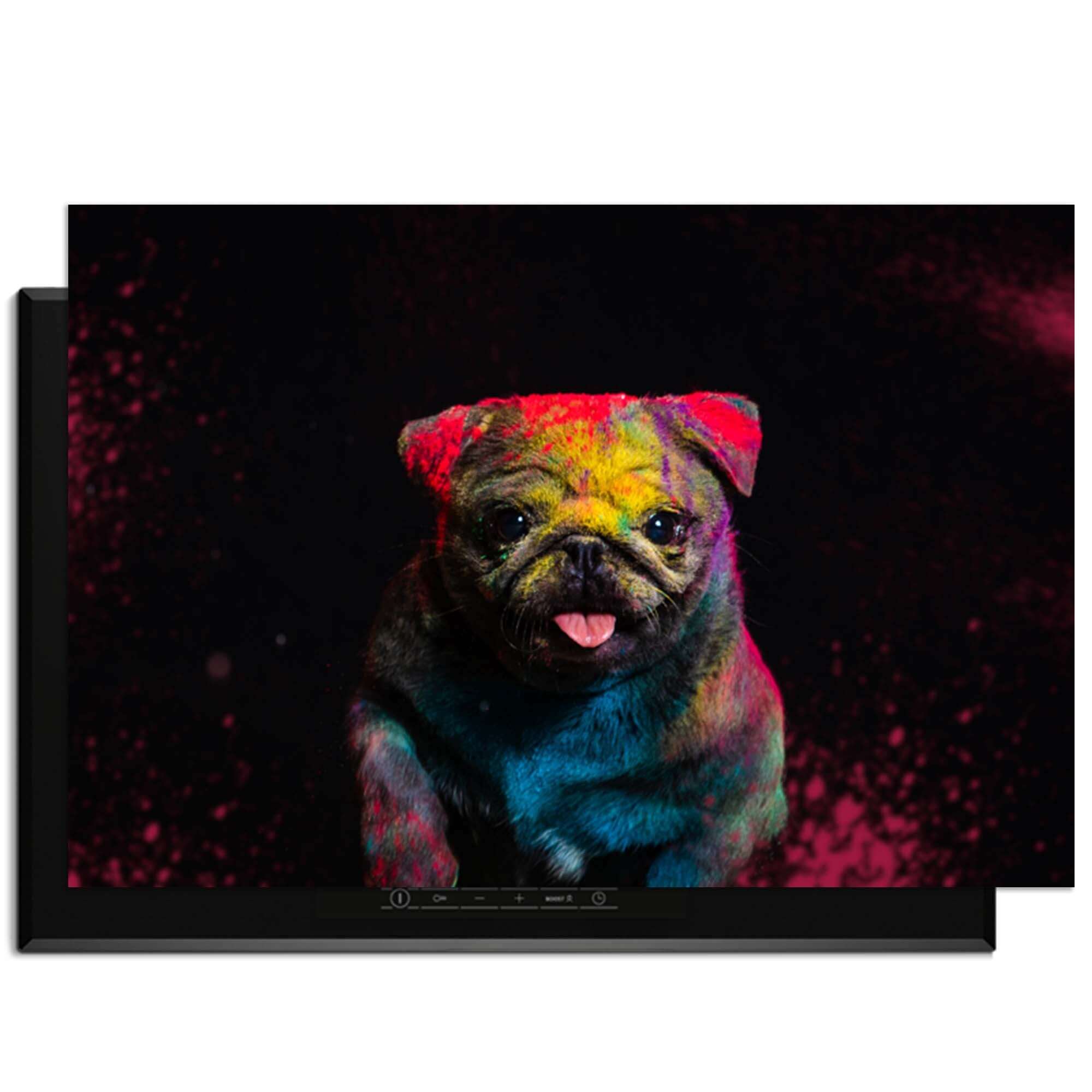 Funky Pup - Herdabdeckplatte mit dem bunten Bild eines glücklichen Hundes.