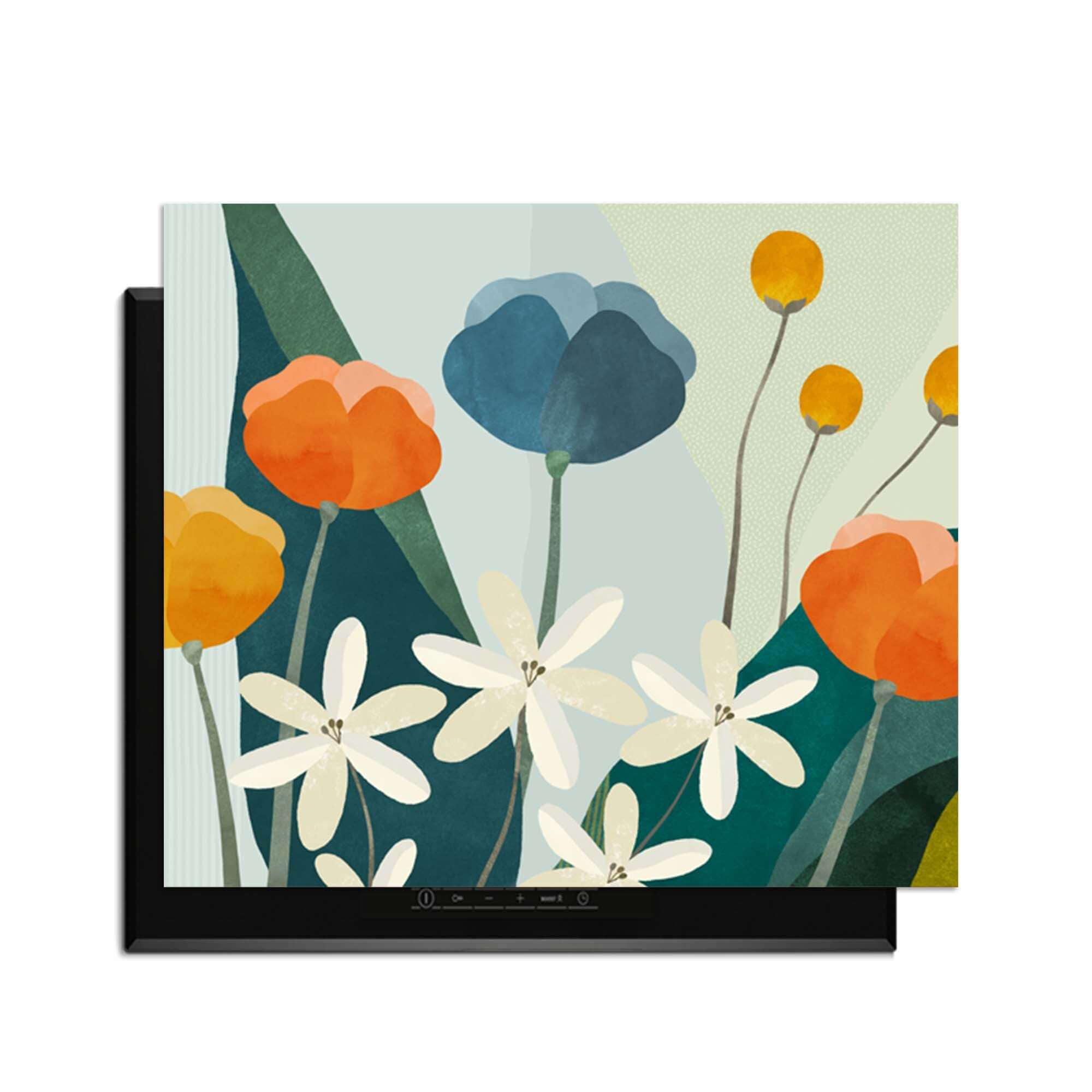 Garden Melody - Herdabdeckplatte mit farbenfrohem botanischem Design und verspielten Blumen schützt Ihr Induktionskochfeld und verschönert Ihre Küche.