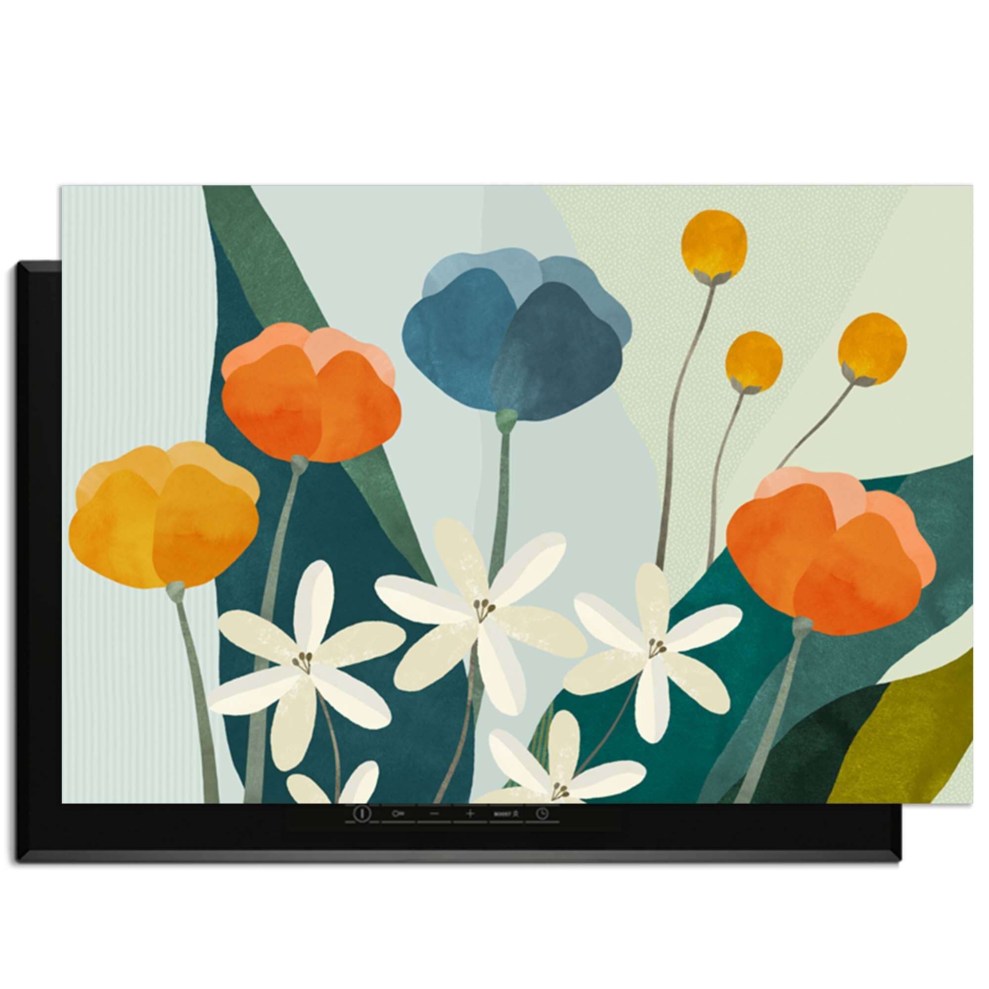 Garden Melody - Herdabdeckplatte mit farbenfroher, floraler Illustration auf der Induktionsplatte für die Küchendekoration.