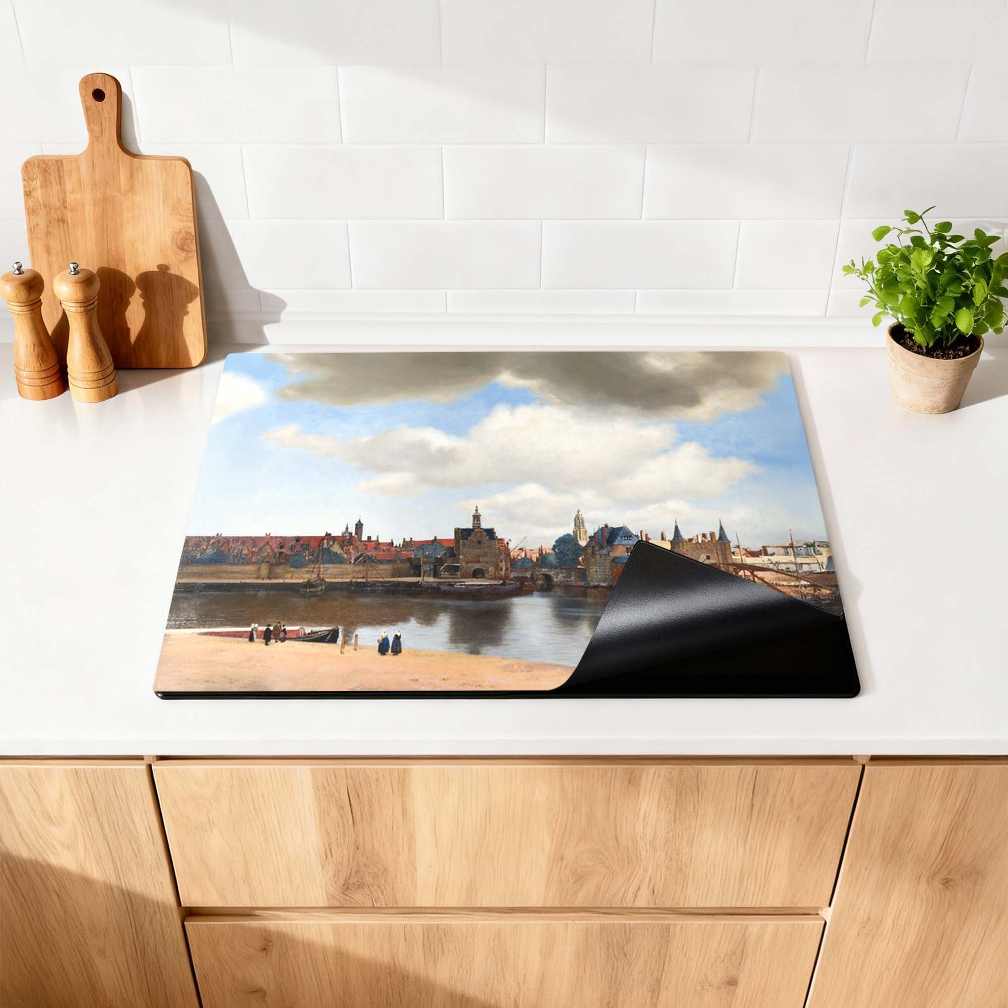 Ansicht von Delft - Herdabdeckplatte mit ikonischem Stadtbild, geeignet für moderne Küchen. Bild der niederländischen Meisterkunst.