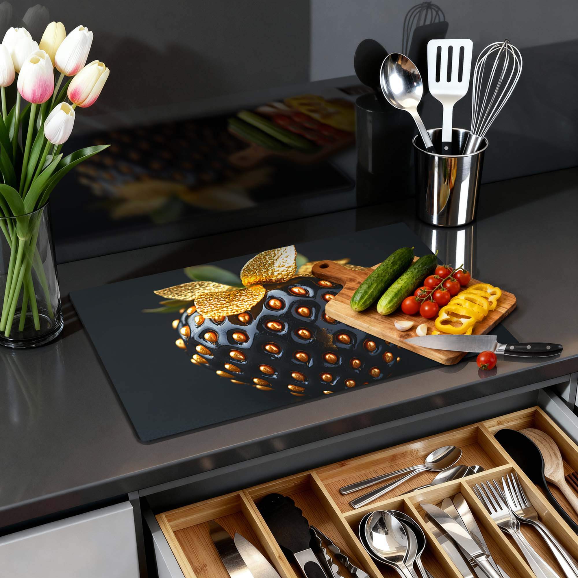 Golden Berry - Herdabdeckplatte auf einer modernen Küchenplatte mit Gemüse und Blumen.