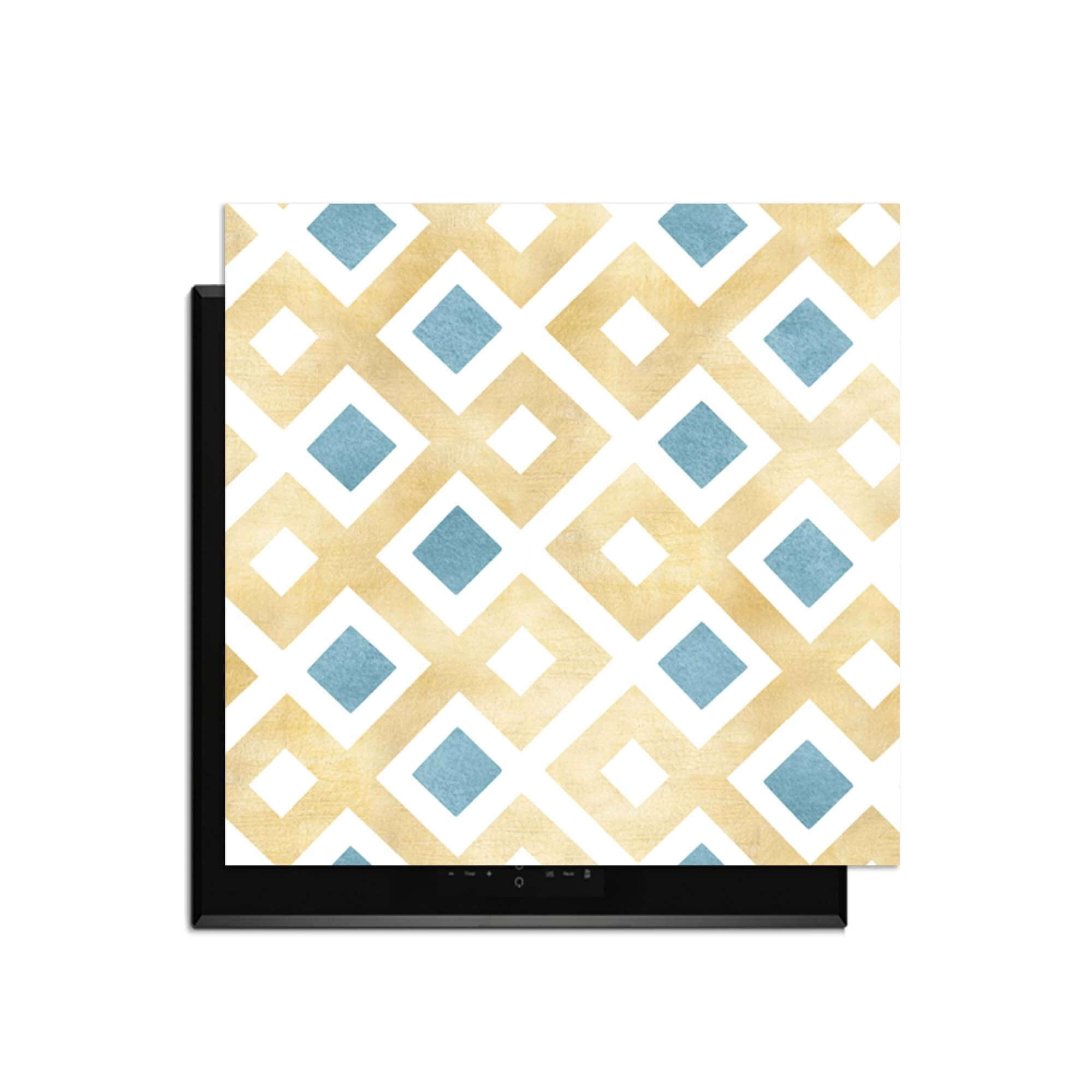 Golden Diamond Grid - Herdabdeckplatte mit Goldtönen und blauen Akzenten in einem geometrischen Muster, stilvolle Küchendekoration.