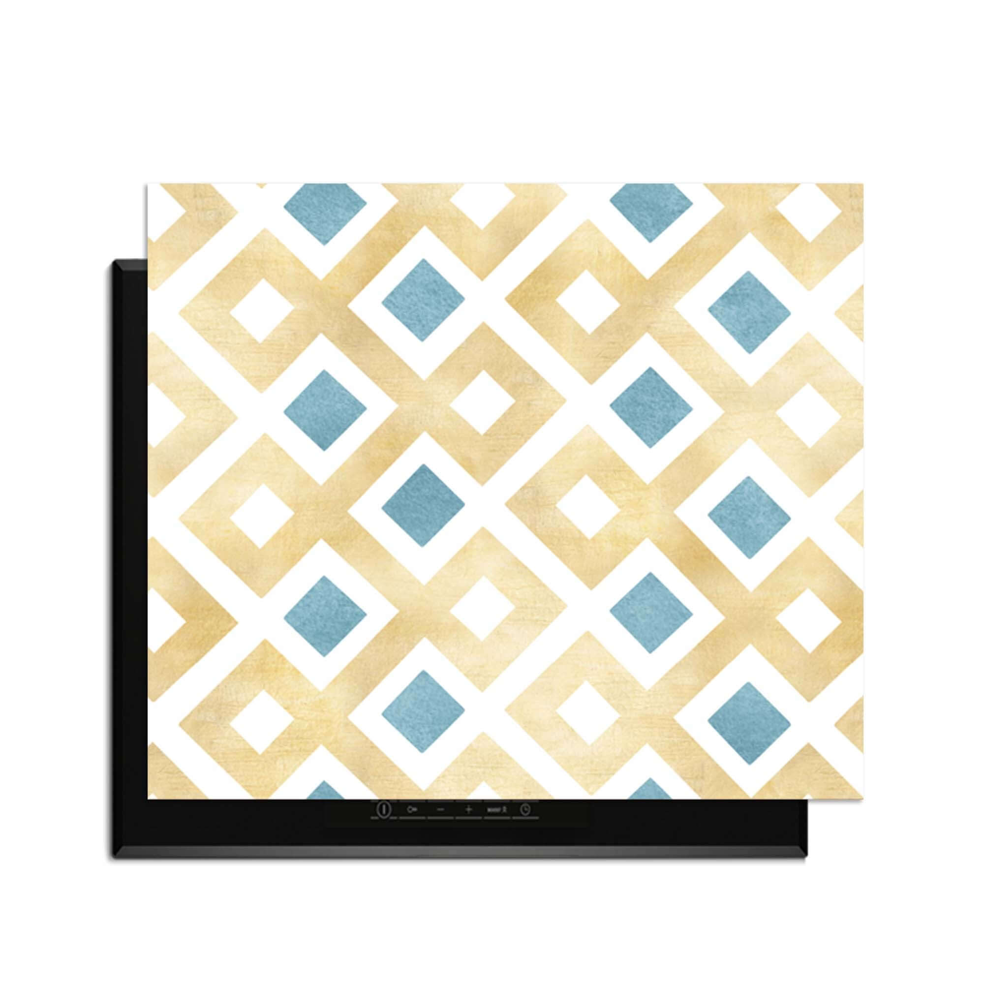 Golden Diamond Grid - Herdabdeckplatte mit geometrischem Muster in Gold und Blau, stilvoller Blickfang für die Küche.