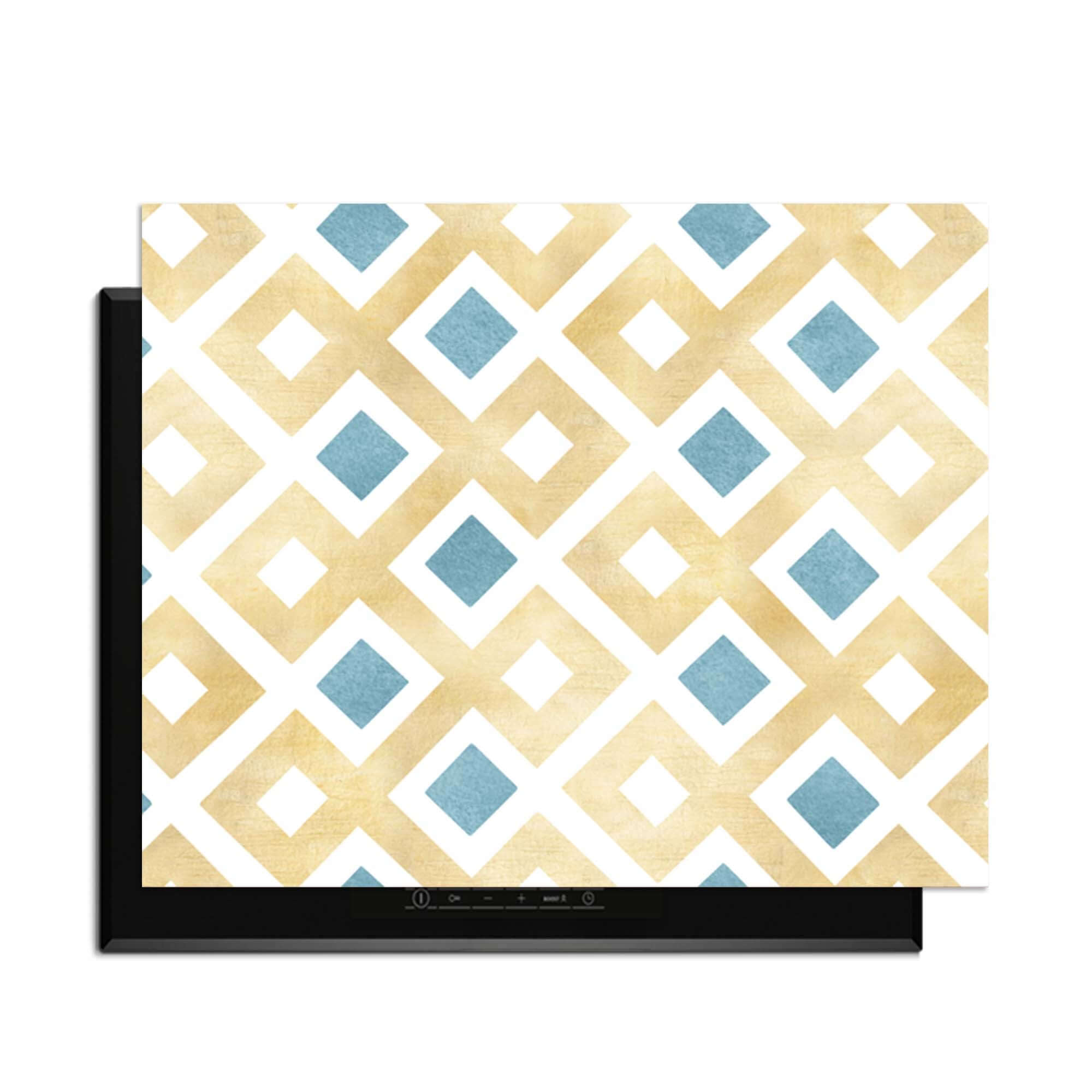 Golden Diamond Grid - Herdabdeckplatte mit geometrischem Muster in Gold und Blau