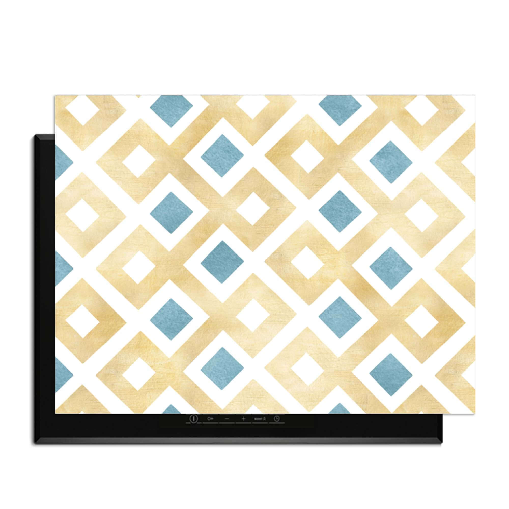 Golden Diamond Grid - Herdabdeckplatte mit geometrischem Muster und goldenen und blauen Akzenten für stilvolles Küchendesign.