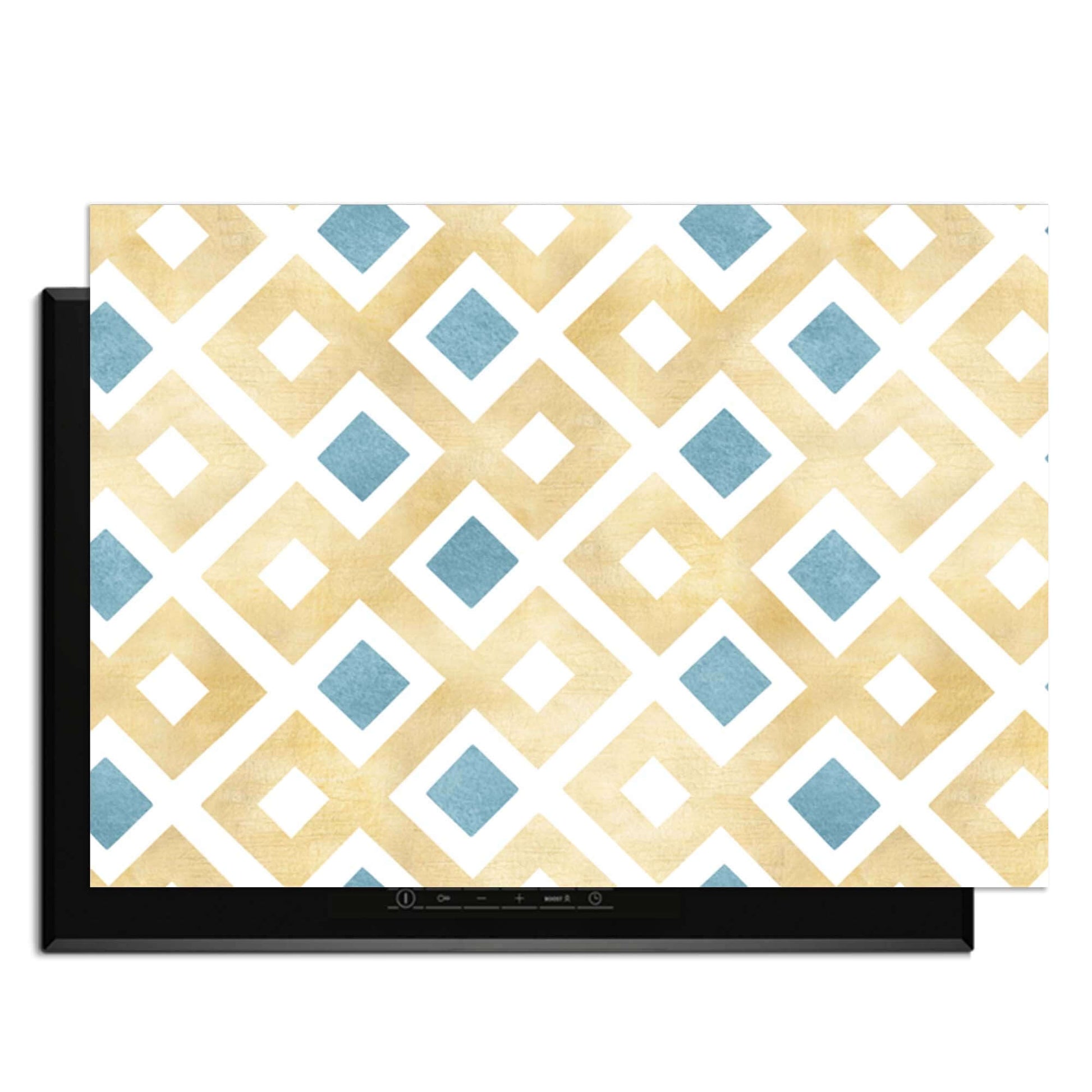 Golden Diamond Grid - Herdabdeckplatte mit goldenen und blauen geometrischen Mustern für den Küchenstil.