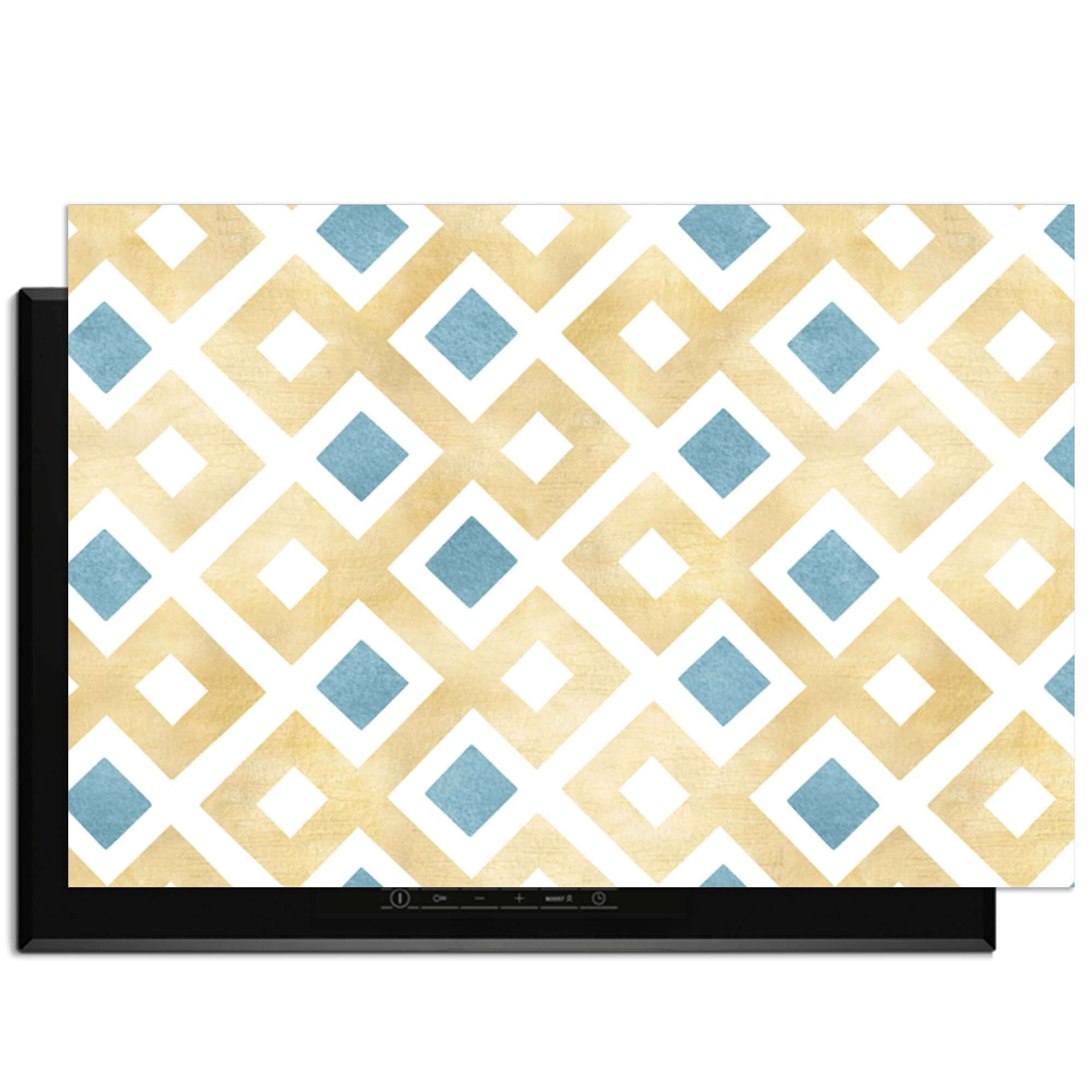 Golden Diamond Grid - Herdabdeckplatte mit Goldtönen und blauen Akzenten in geometrischem Muster, stilvolles Küchenzubehör.