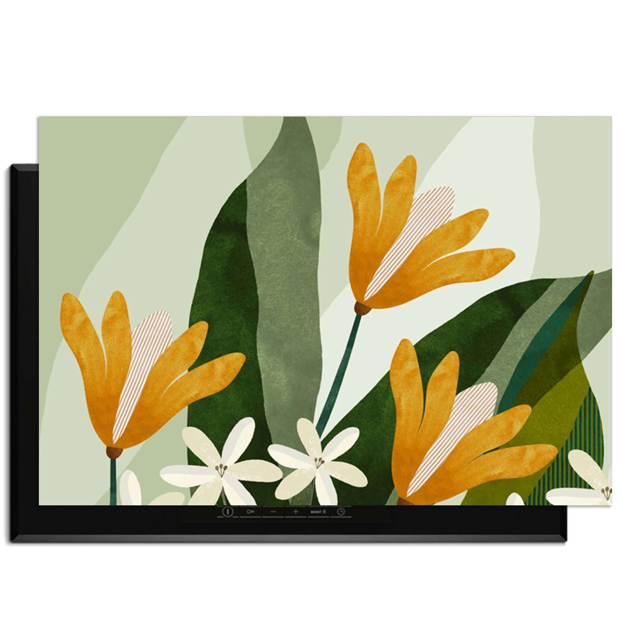 Golden Petals - Herdabdeckplatte mit tiefgrünen Blättern und goldgelben Blüten für einen eleganten Küchenlook.