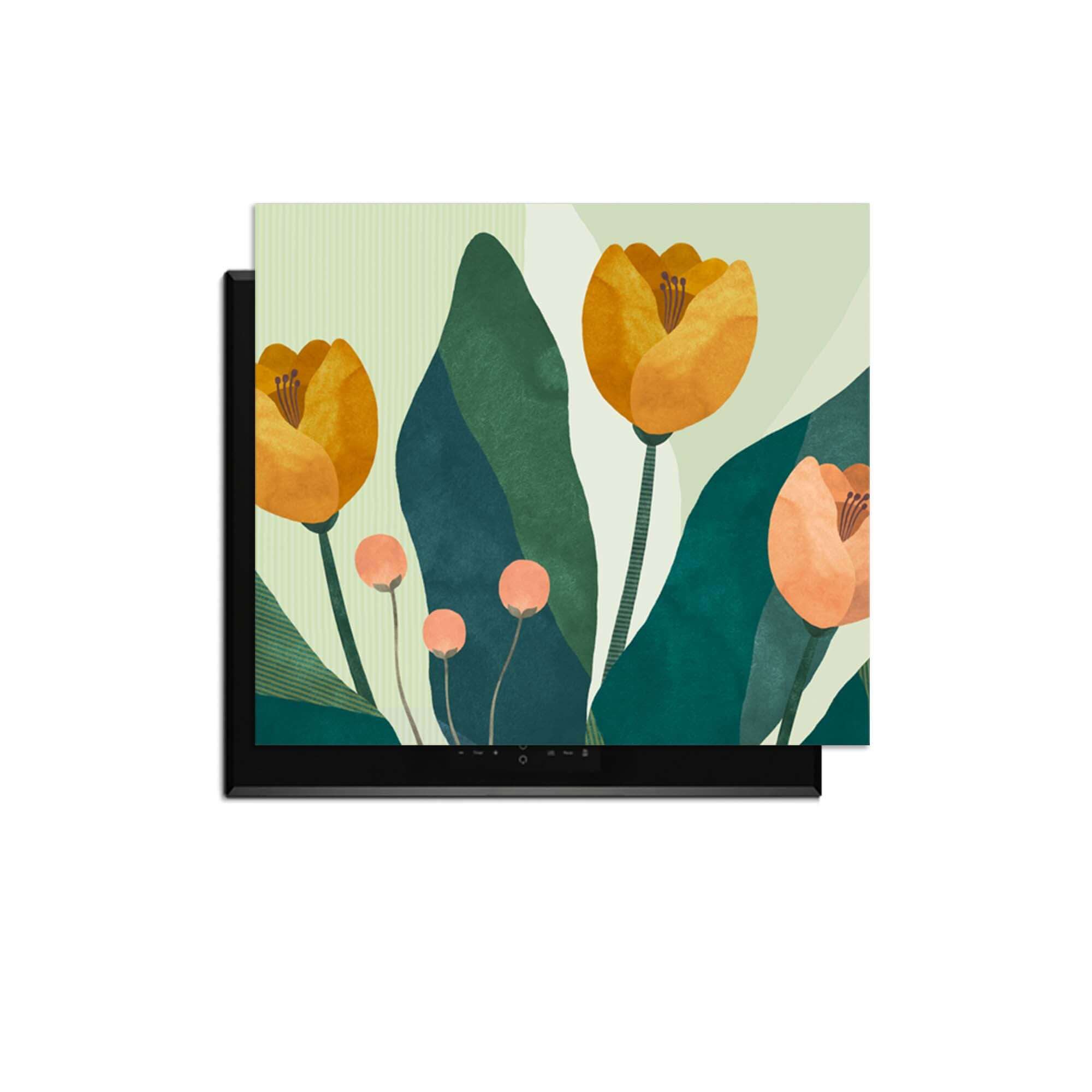 Golden Trio - Herdabdeckplatte mit goldgelben Blumen und botanischem Design zum stilvollen Schutz von Induktionskochfeldern.