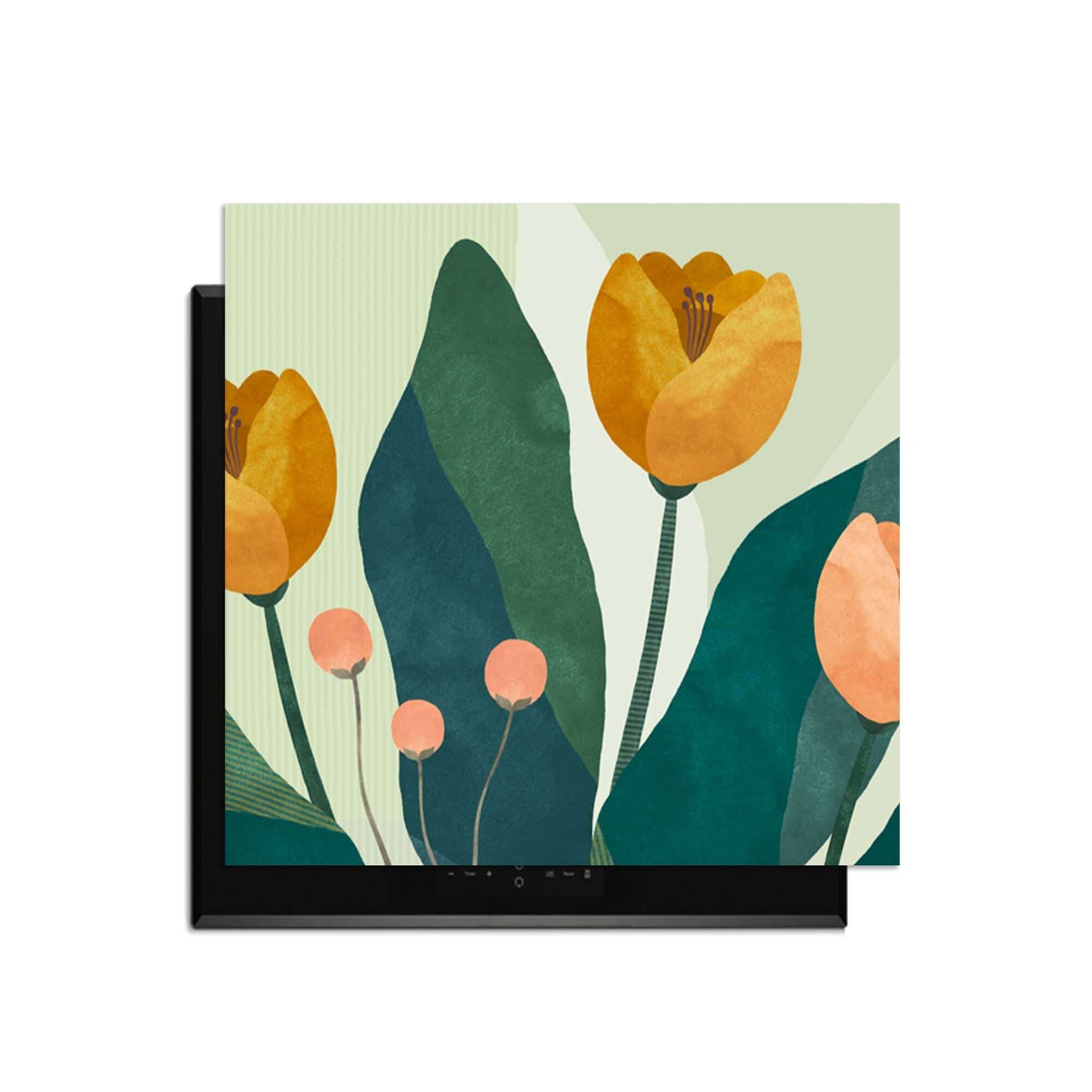 Goldenes Trio - Herdabdeckplatte mit goldgelben Blumen und grünen Blättern für stilvollen Küchenschutz.