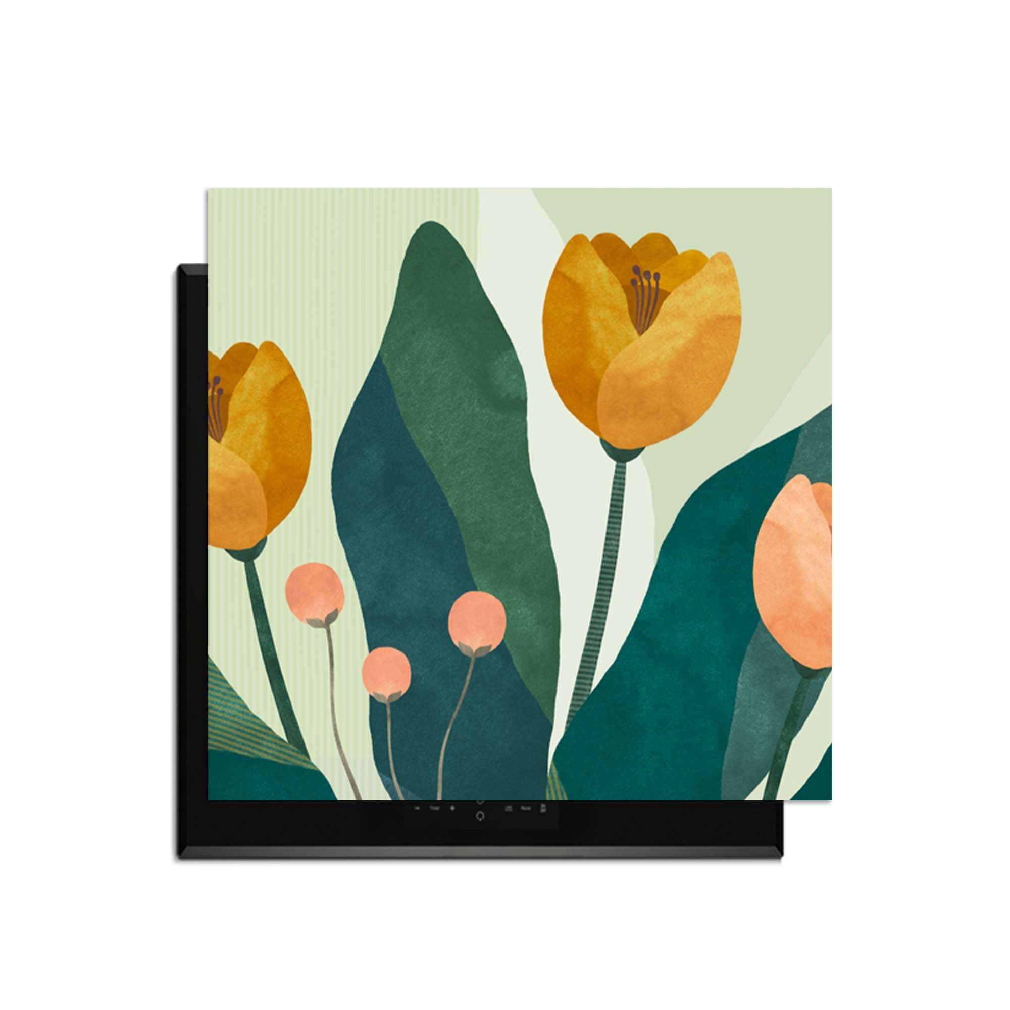 Goldenes Trio - Herdabdeckplatte mit goldgelben Blumen und grünen Blättern für stilvollen Küchenschutz.