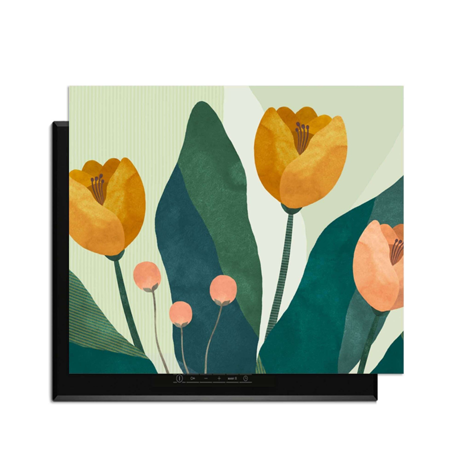 Goldenes Trio - Herdabdeckplatte mit eleganten goldgelben Blumen und tiefen Grüntönen zum stilvollen Schutz Ihres Induktionskochfelds.