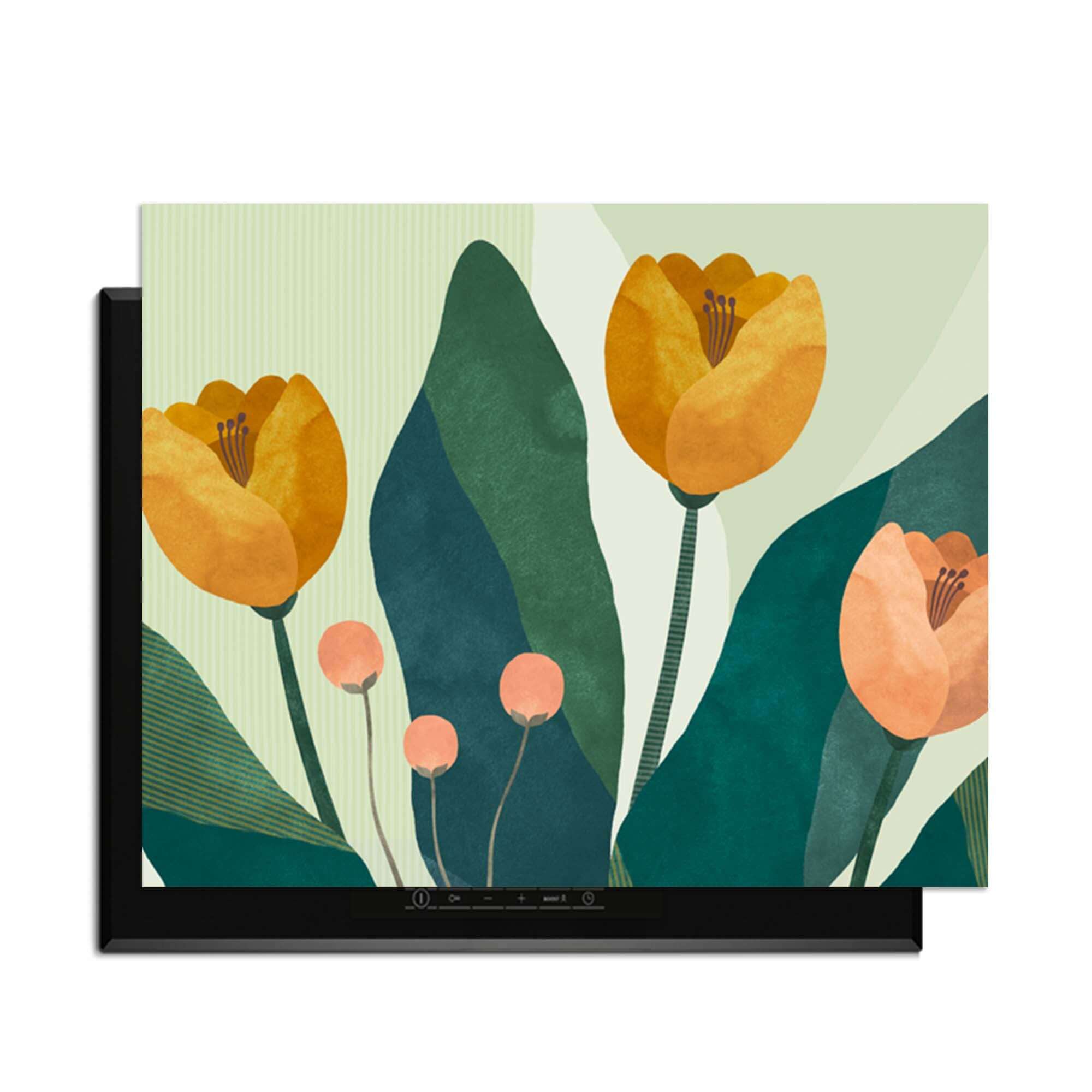 Golden Trio - Herdabdeckplatte mit botanischem Design aus goldgelben Blumen und grünen Blättern, stilvoller Schutz für Ihre Küche.