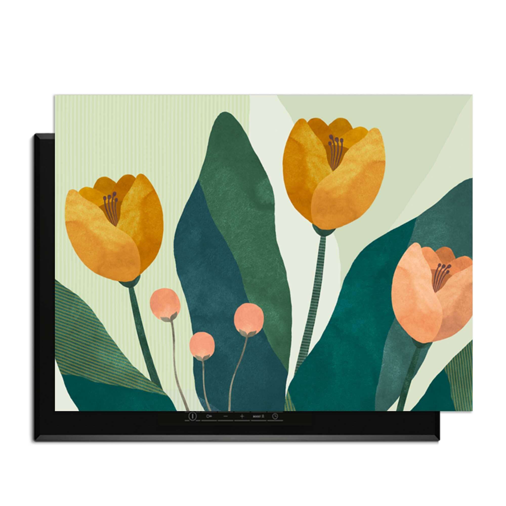 Golden Trio - Herdabdeckplatte mit goldgelben Blumen und Grüntönen für den stilvollen Schutz von Induktionskochfeldern.