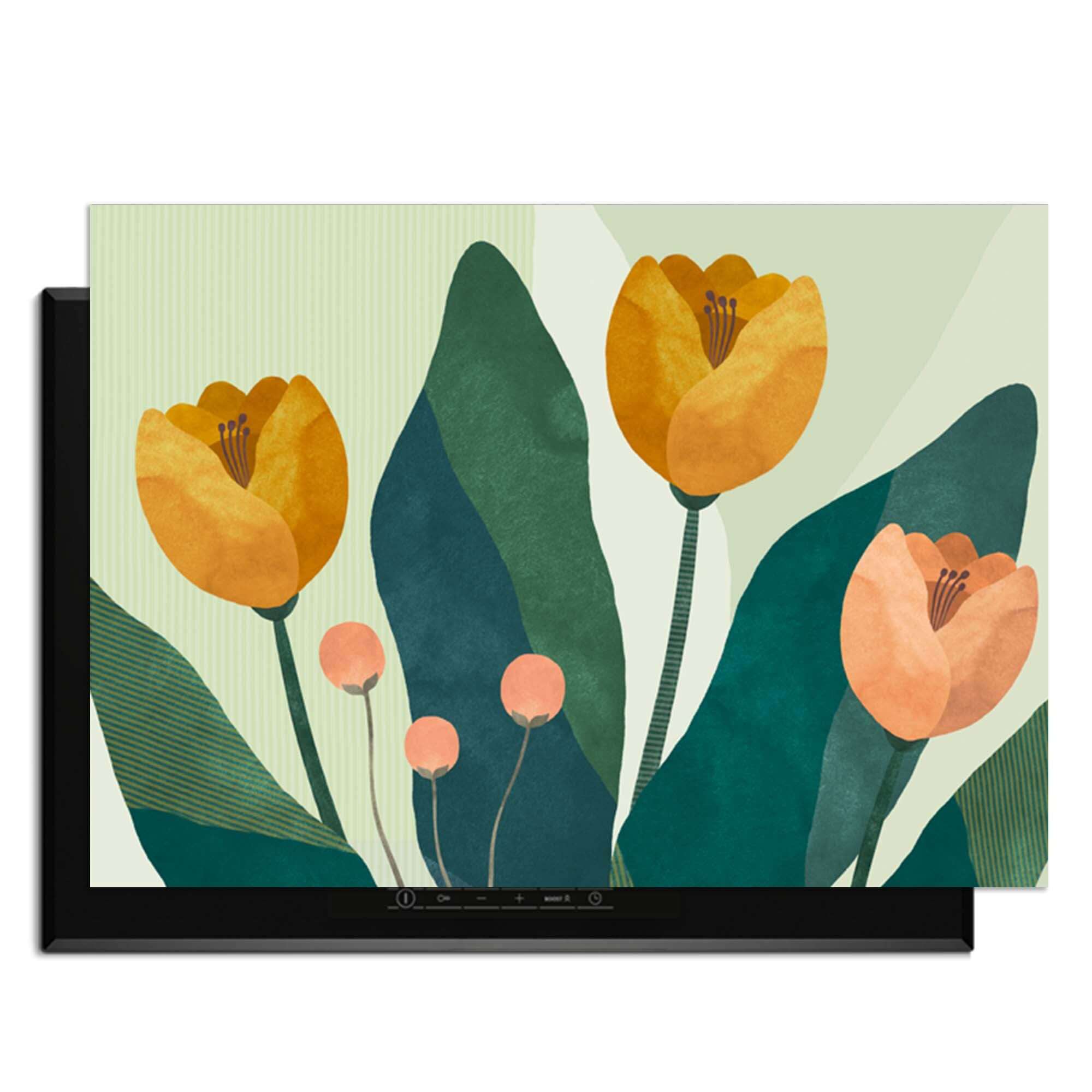 Goldenes Trio - Herdabdeckplatte mit goldgelben Blumen und grünen Blättern für eleganten Küchenschutz.