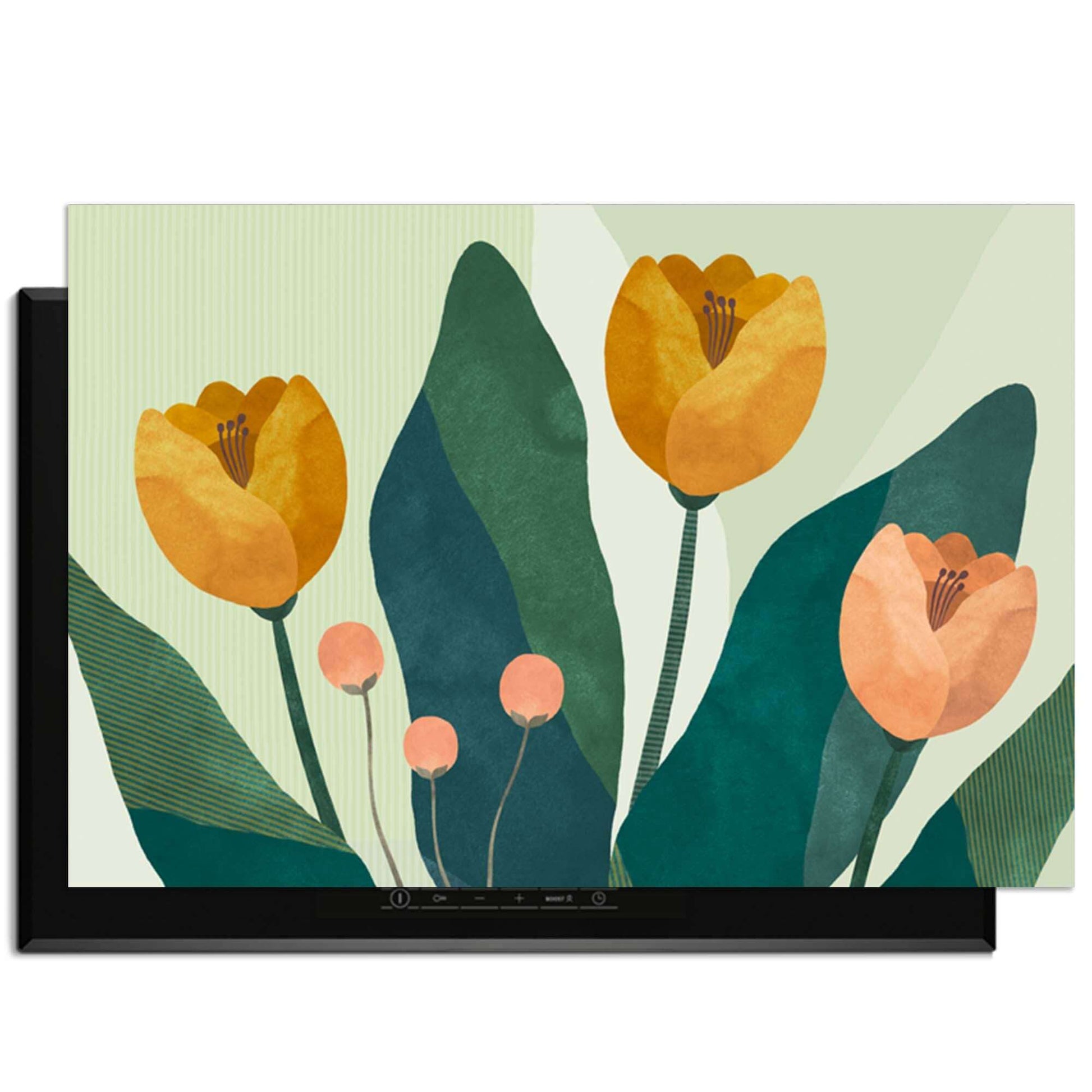 Golden Trio - Herdabdeckplatte mit goldgelben Blumen und grünen Blättern, stilvoller Schutz für Induktionskochfelder.