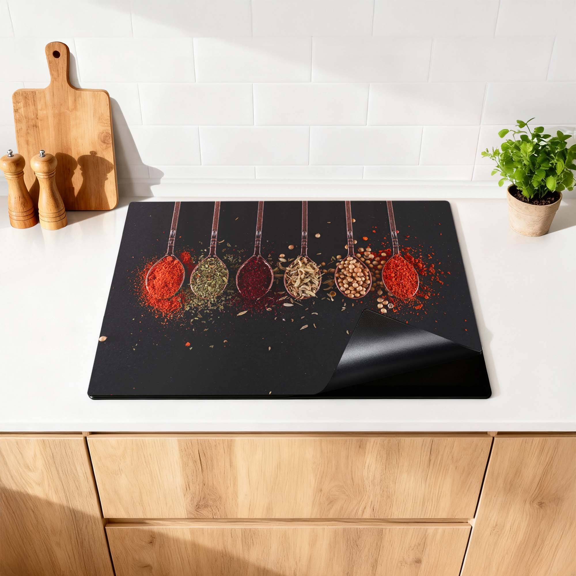 Herb & Heat - Herdabdeckplatte mit Kräutern und Gewürzen auf einem stilvollen Hintergrund.