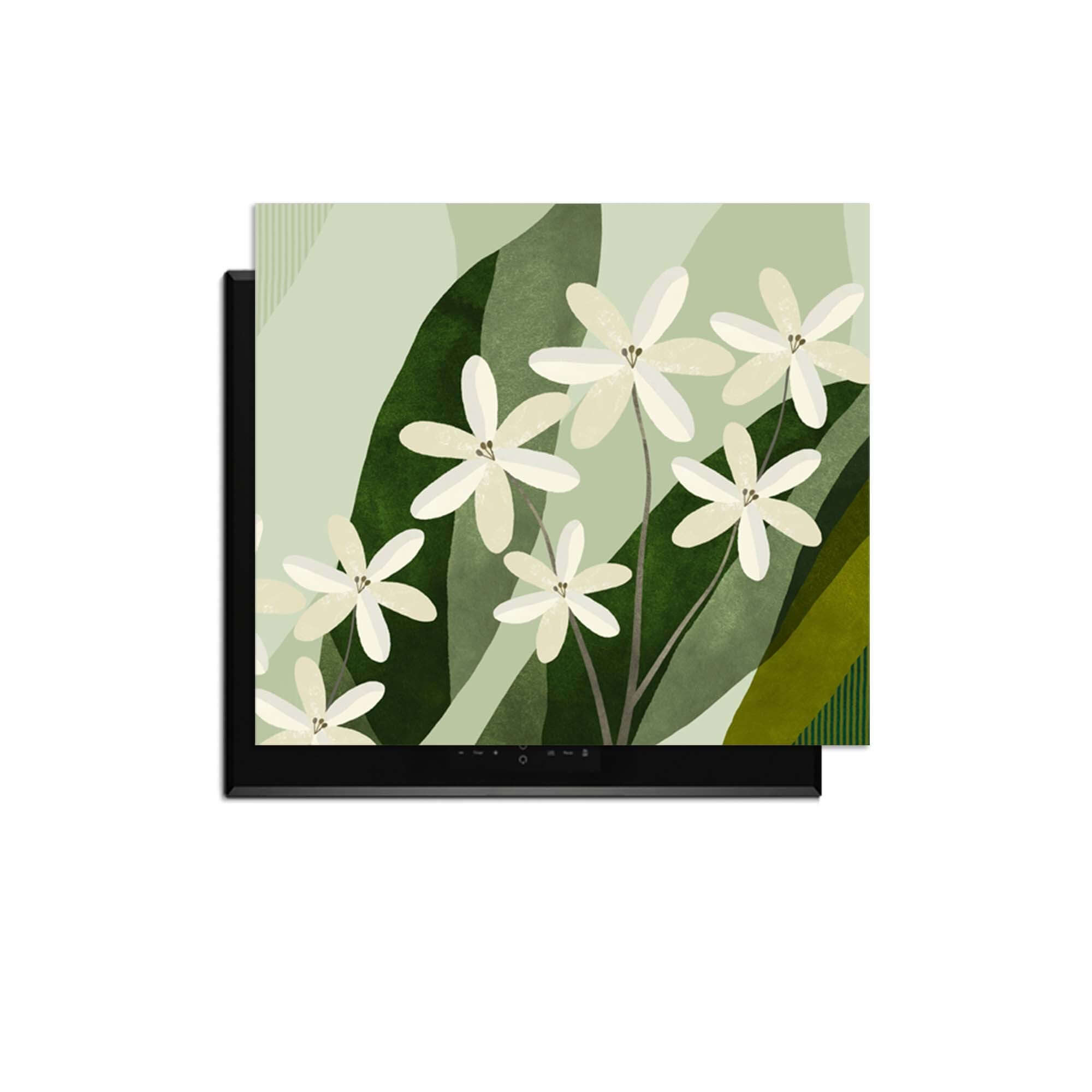 Ivory Cluster - Herdabdeckplatte mit elfenbeinfarbenen Blumen und Grüntönen zum stilvollen Schutz Ihres Induktionskochfelds.