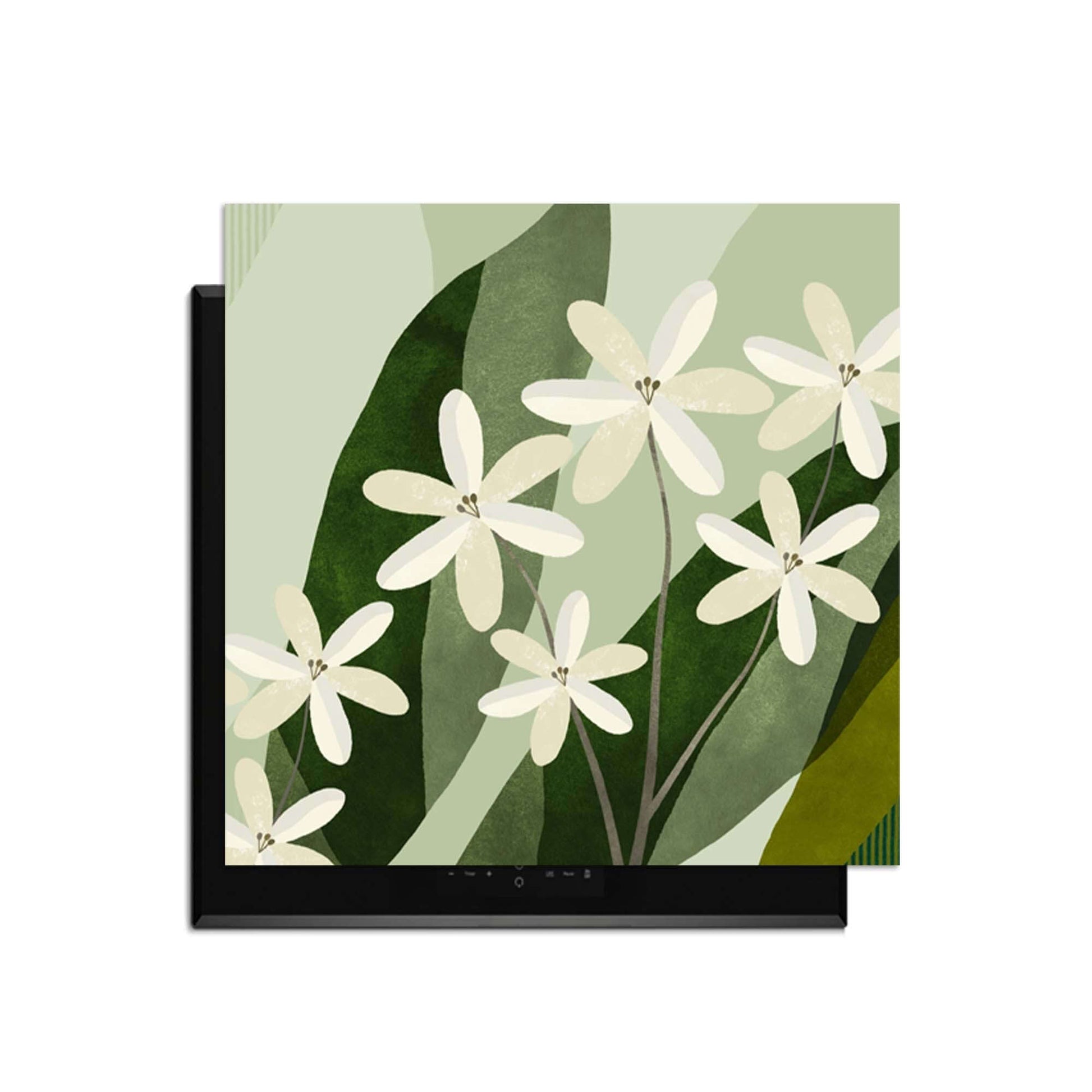 Ivory Cluster - Herdabdeckplatte mit elfenbeinfarbenen Blumen und grünen Blättern für eleganten Küchenschutz.