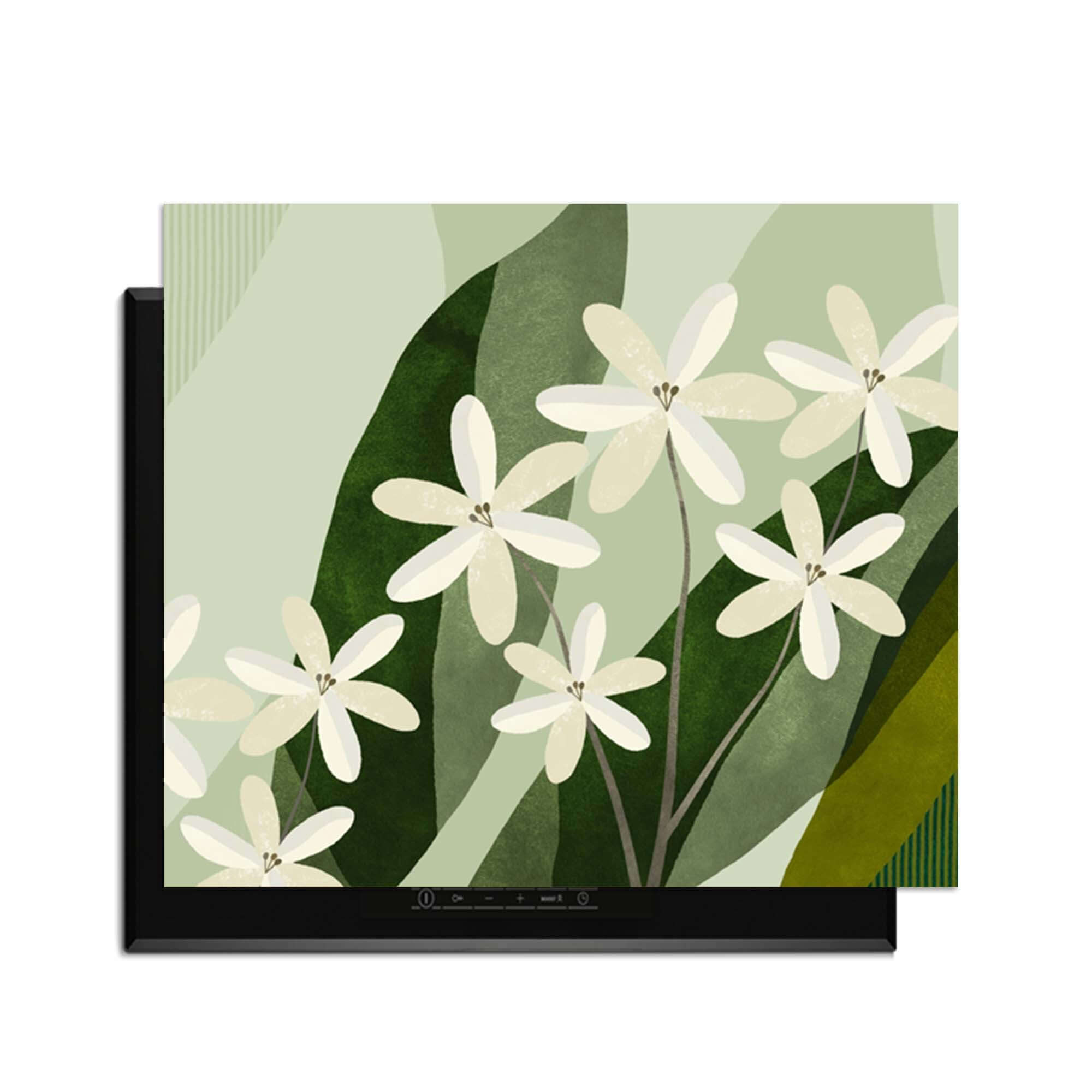 Ivory Cluster - Herdabdeckplatte mit elfenbeinfarbenen Blumen und grünen Blättern zum stilvollen Schutz von Induktionskochfeldern.